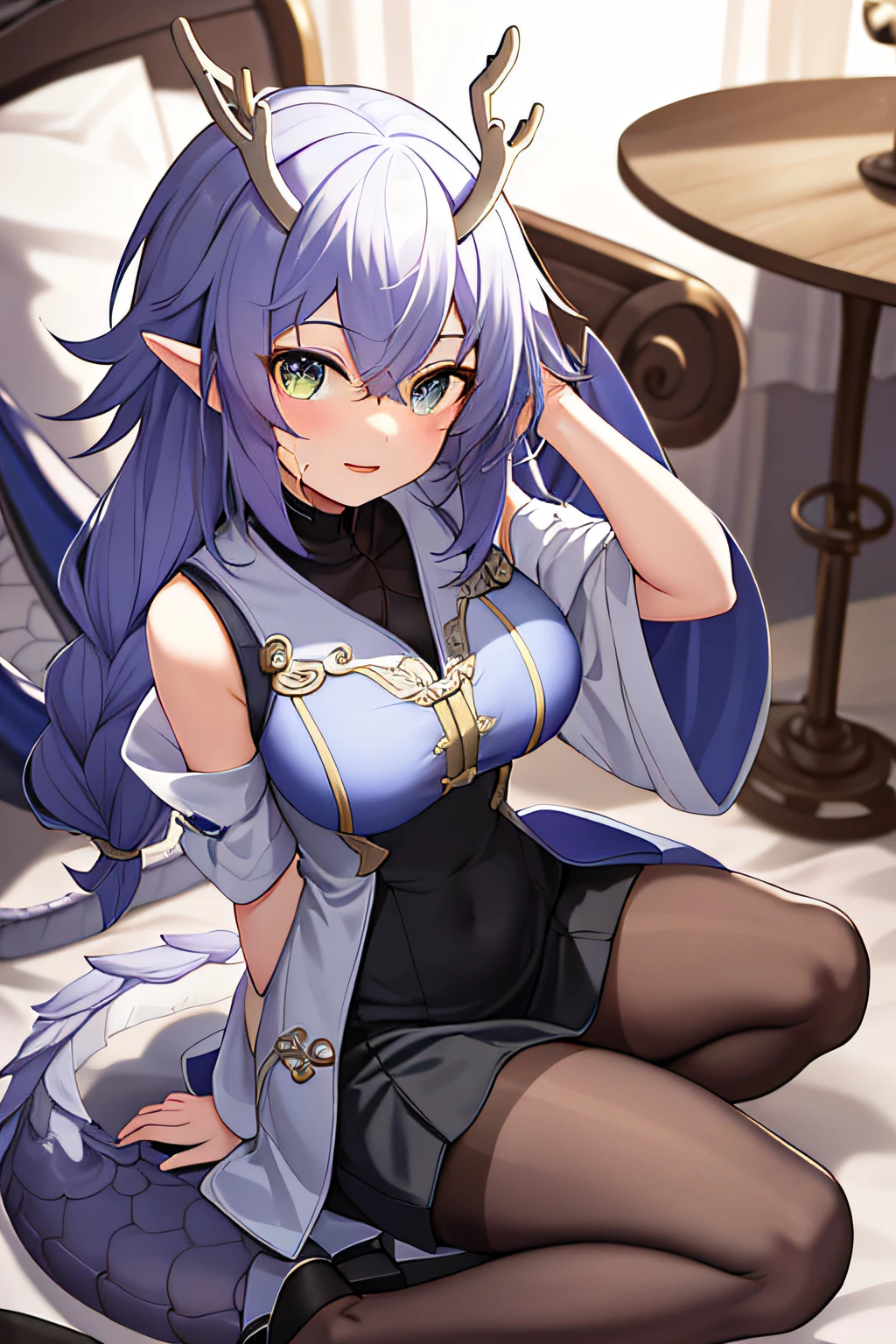 1girll，tmasterpiece，8K，Half realistic，4K，RTX，Shaders，brilliant texture work，lacepantyhose，Leaky big breasts，Large breasts，There are dragon horns on the head，There is a dragon's tail on its back，legs separated，Leaking panties，No shoes，hand behind head，Sensual，finelydetailedskin，Clear focus，（cinmatic lighting），Gentle lighting