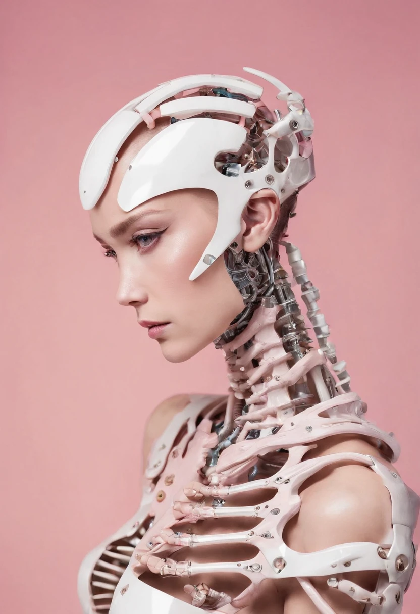 mechanical woman, humanoid, mechanical limb, exo skeleton, perfect composition, symmetry, detailed, professional photography, pink background