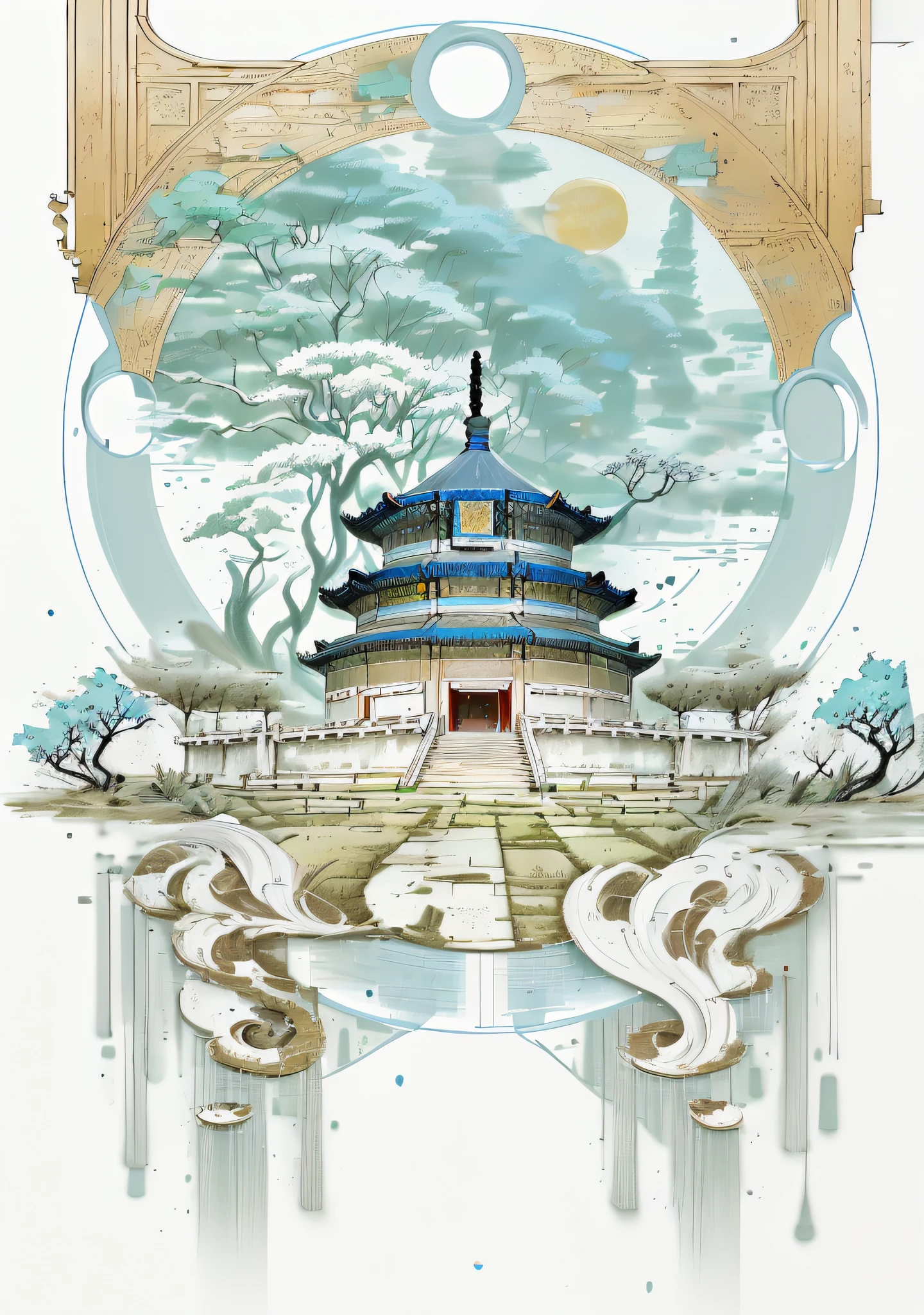 Ultra high quality，Blue and white porcelain color matching，In the daytime，temple of heaven，Super rich detail，Big tree behind it，Super rich detail，The middle is colored，Color the circles，Leave the bottom blank，Twenty percent blank