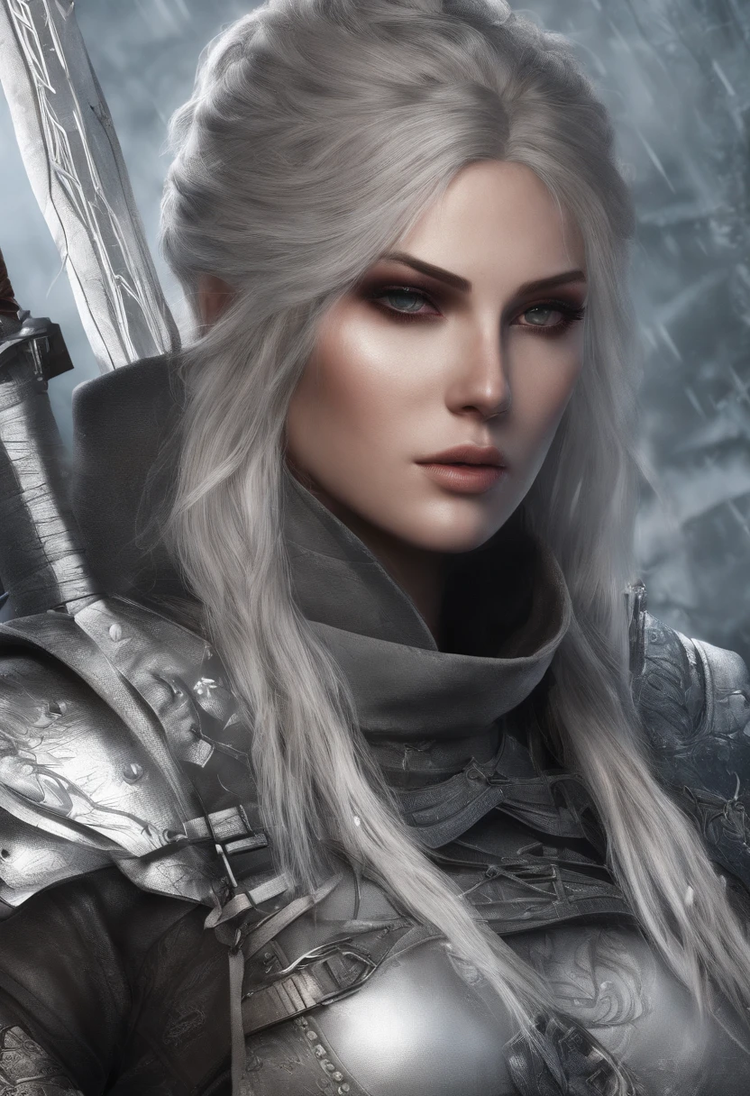 Cirilla Fiona Elen Riannon，Highest image quality，Outstanding details，超高分辨率，（Fidelity：1.4）, Favor the details，closeup cleavage，dawn，Snow，winter，Wizard Sword，He has a delicate and beautiful face，Red Japanese oni armor，Raised sexy，frontage，cyber punk perssonage，Futuristic，mechanically aesthetic，Virtual Engine 5，Perfect detail rendering，rendering by octane，hyper HD