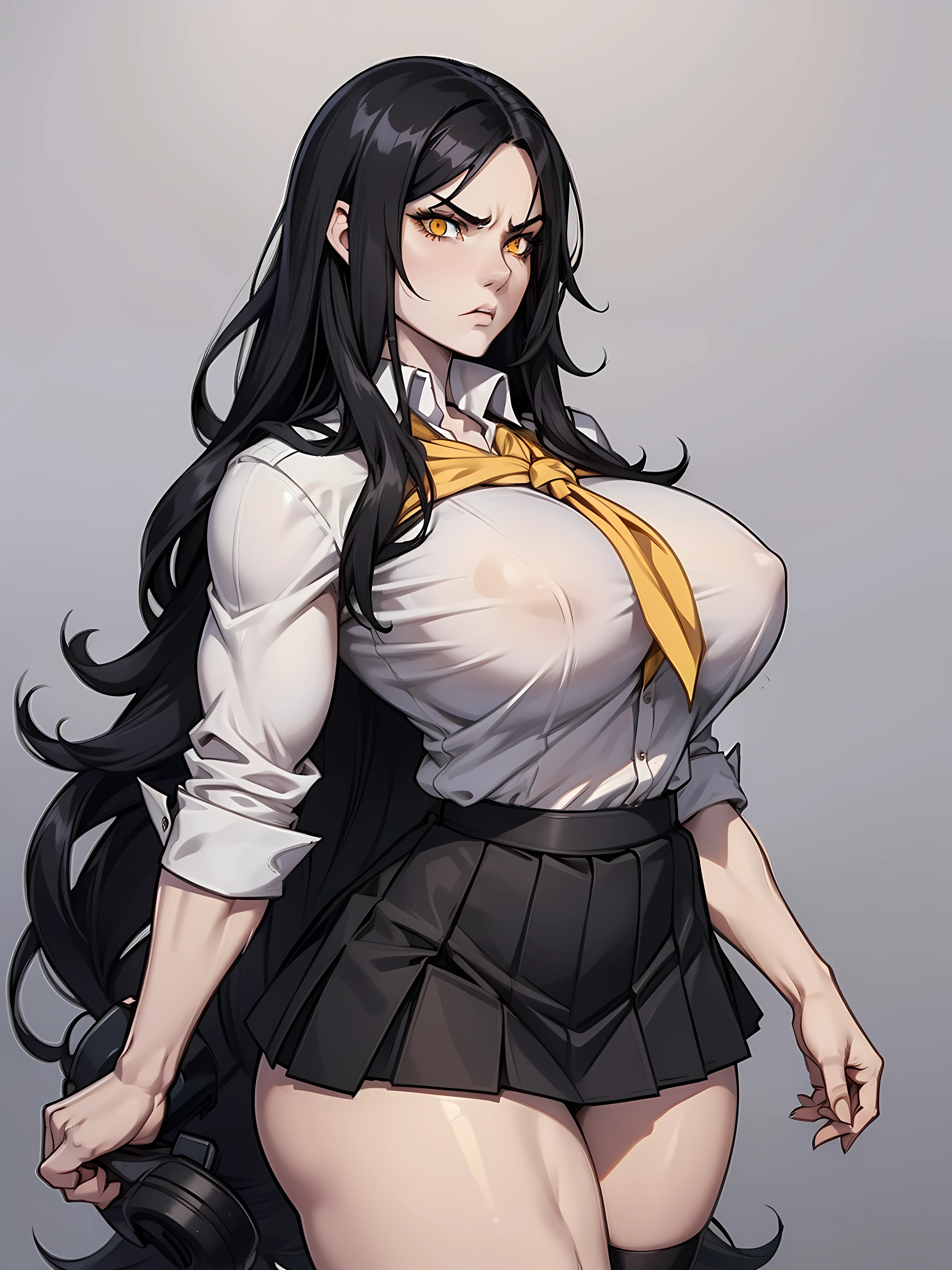 (1girl), black hair, extremely long hair, yellow eyes, (((muscular))), huge breasts, thick thighs, solo, angry, (pale skin), cowboy shot, (school uniform)
