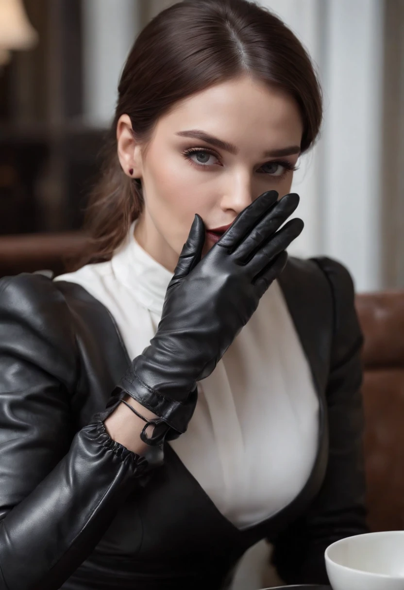 The mysterious hand of a woman wearing black leather gloves on her hand, long sleeves of a white blouse, eating alone, close-up only her hands, only the hands of black leather gloves on the screen
