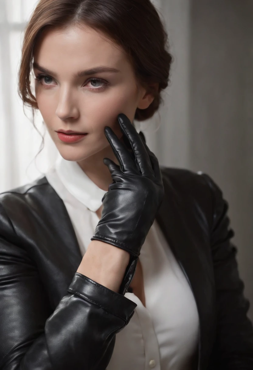 The mysterious hand of a woman wearing black leather gloves on her hand, long sleeves of a white blouse, eating alone, close-up only her hands, only the hands of black leather gloves on the screen