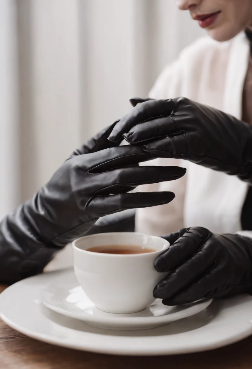 The mysterious hand of a woman wearing black leather gloves on her hand, long sleeves of a white blouse, eating alone, close-up only her hands, only the hands of black leather gloves on the screen