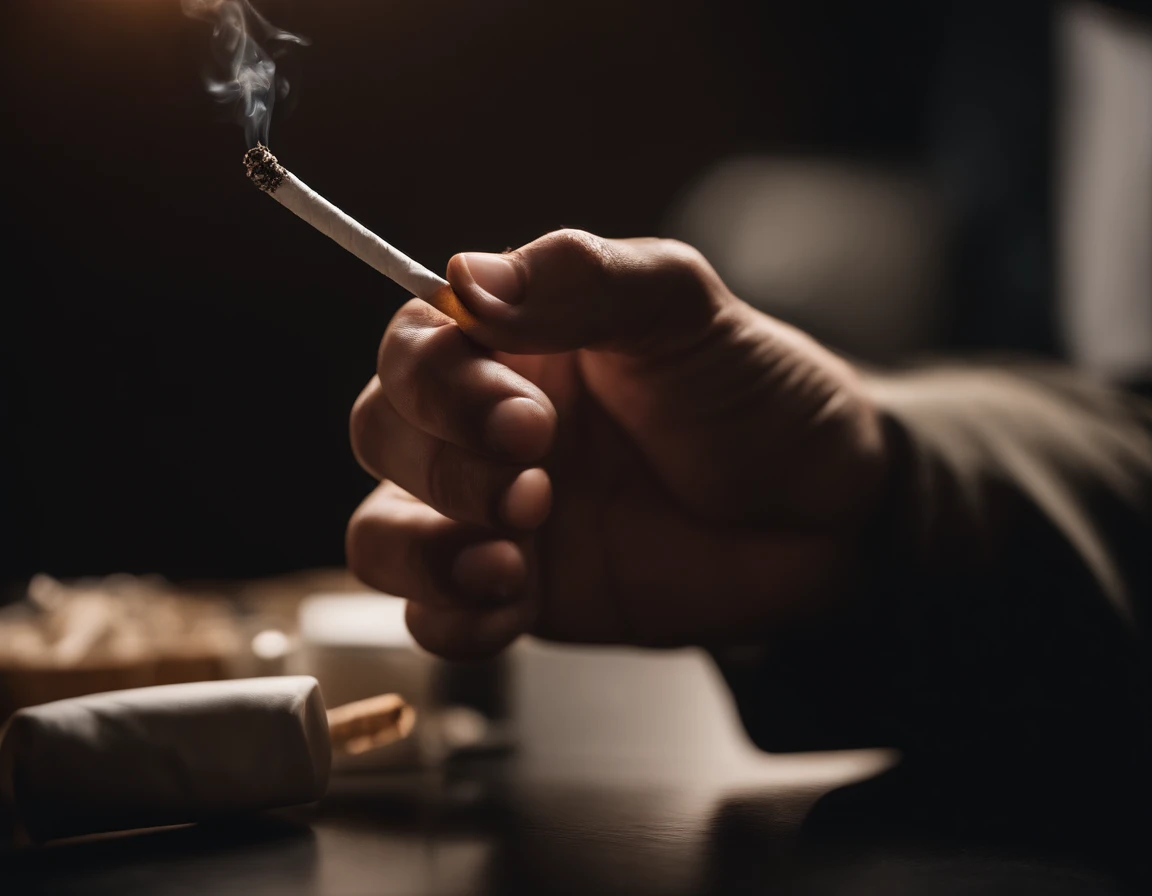 an arm with a tattoo holding a lit cigarette in its fingers, The cigarette smoke forms the shape of a heart.
Without the subject's entire body being visible, only from the waist down, but that highlights the arm