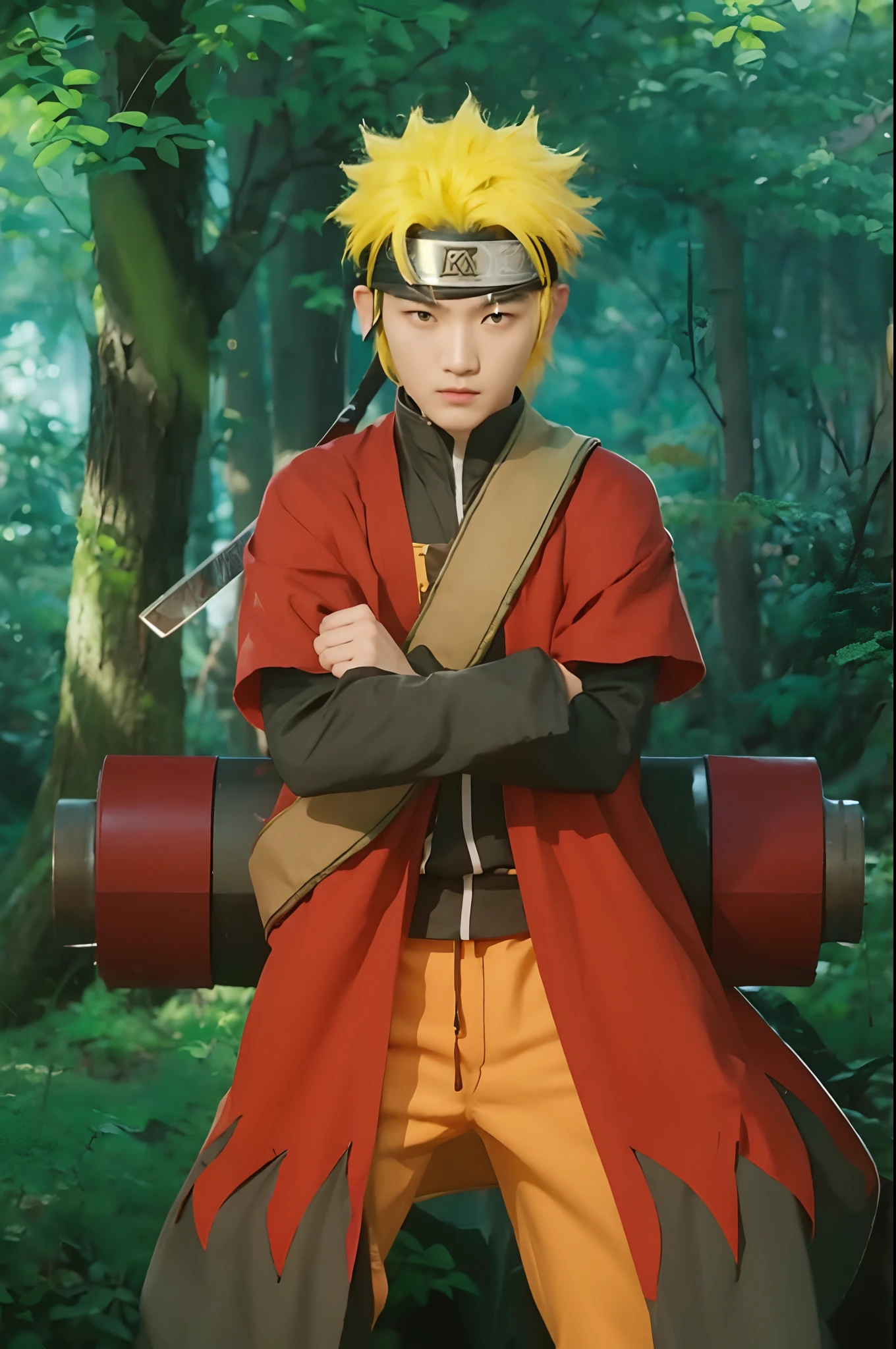 Real life adaption of this character, korean handsome face,realistic outfit ,detailed eyes,realistic yellow spiky hair,wear ninja headband and the iron plate on the middle headband,realistic background,hyper realistic,realism,realistic light, realistic shadow,(photorealistic:1.2), looking to viewer,muscular body,there is a big scroll ninja behind him