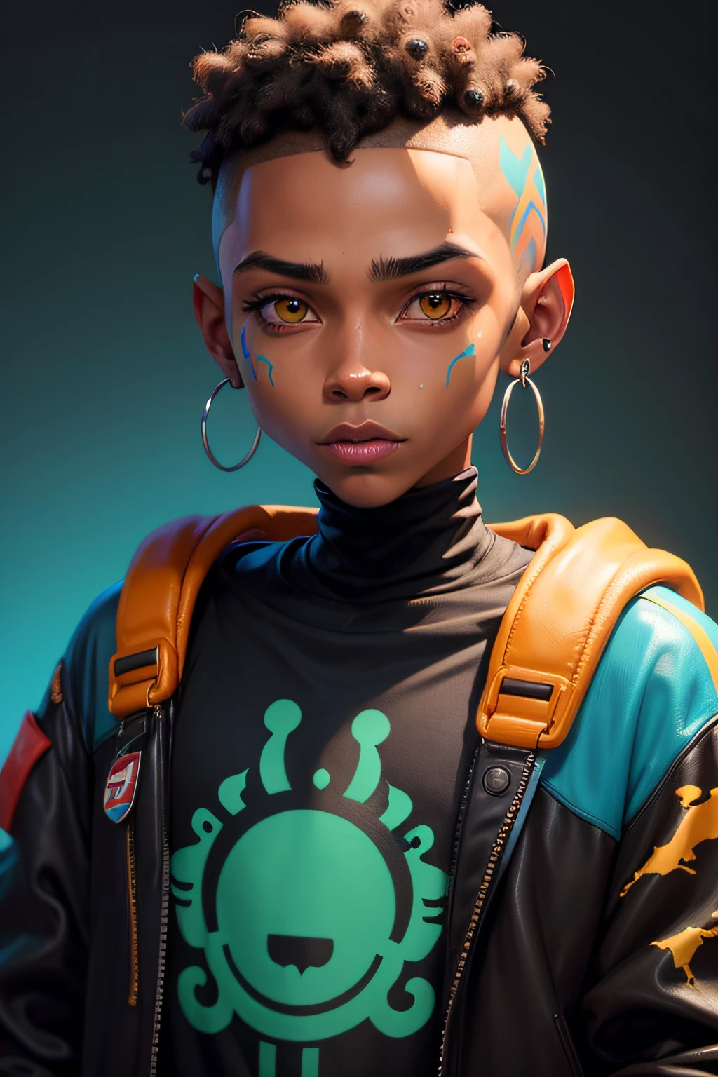 pixarstyle Monster Boy, Caramel Brown skin Black boy moor, Bald Hairstyle, Streetwear, Full Slime Body, colors neon, risa loca, malvada