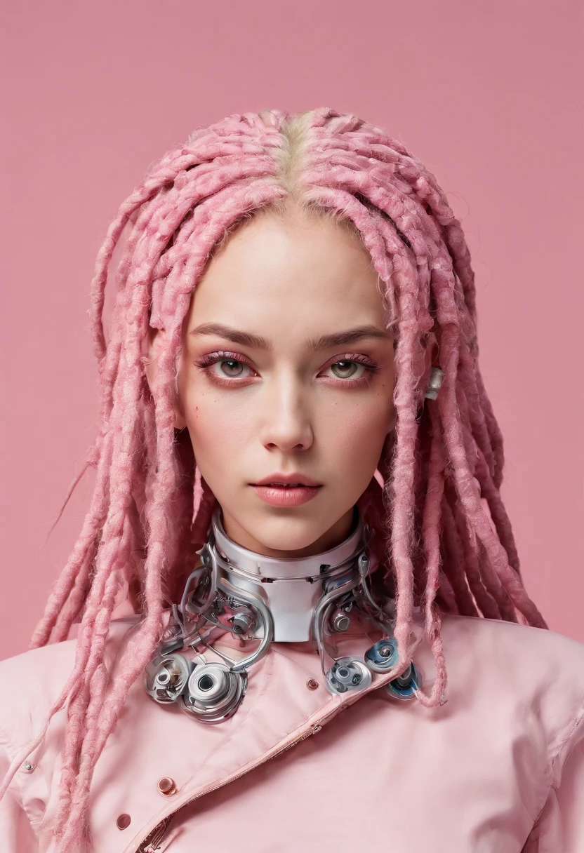 dreadlock hair, mechanical woman, humanoid, mechanical face, android character, perfect composition, symmetry, detailed, professional photography, pink background