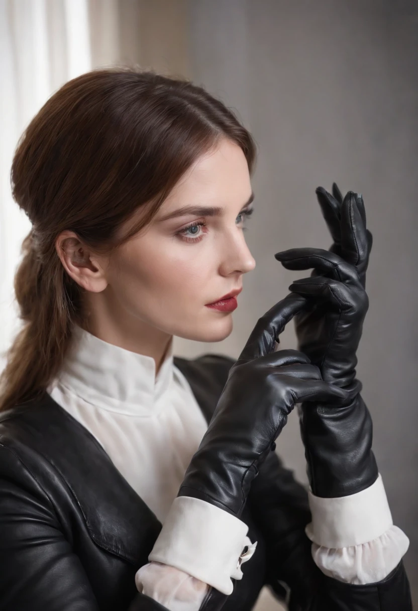 The mysterious hand of a woman wearing black leather gloves on her hand, long sleeves of a white blouse, eating alone, close-up only her hands, only the hands of black leather gloves on the screen