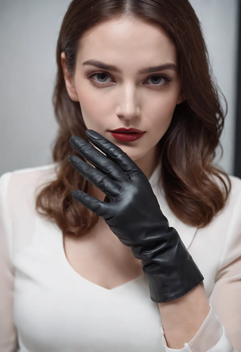 The mysterious hand of a woman wearing black leather gloves on her hand, long sleeves of a white blouse, eating alone, close-up only her hands, only the hands of black leather gloves on the screen