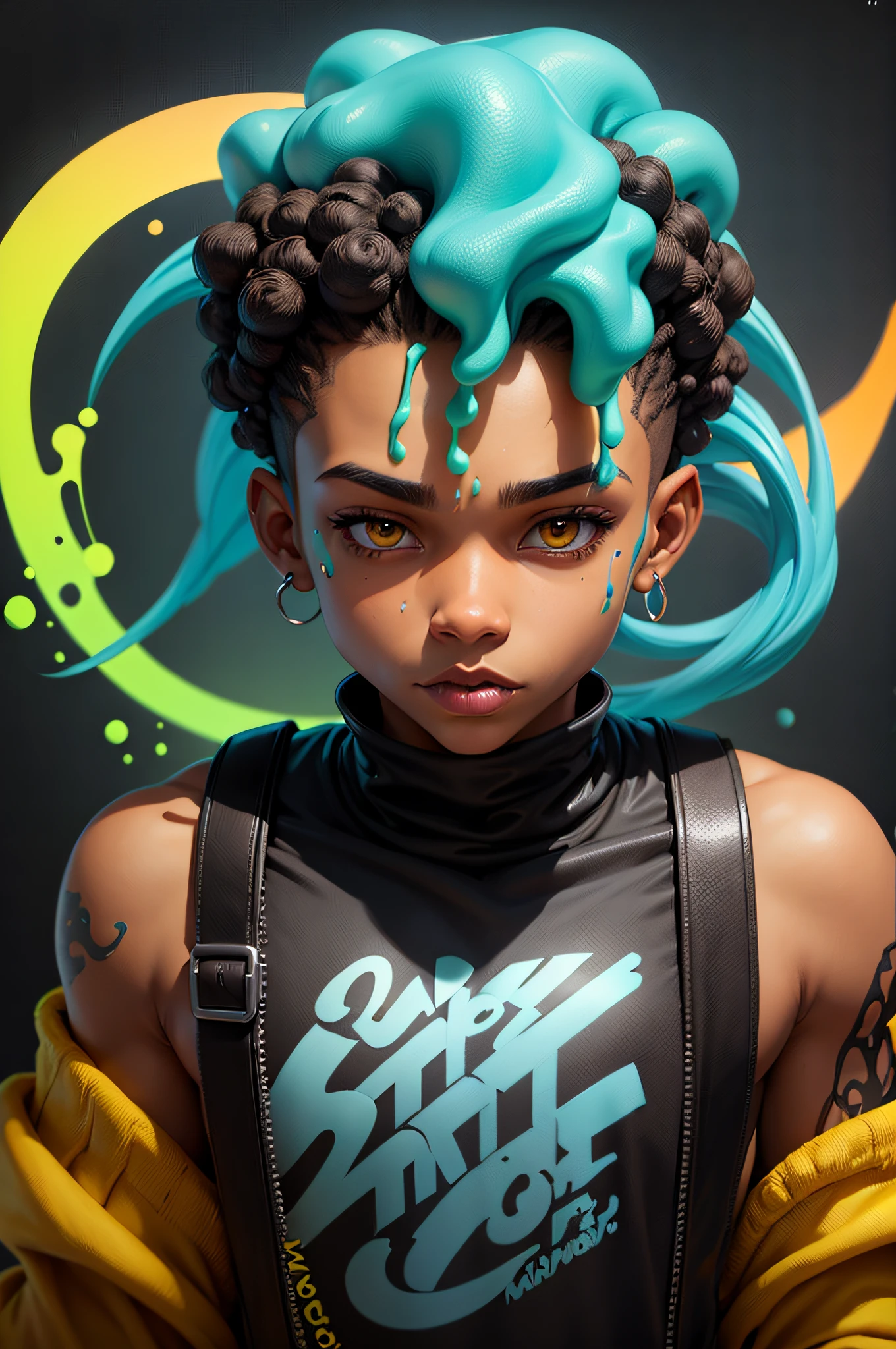 pixarstyle Monster Boy, Caramel Brown skin Black boy moor, Bald Hairstyle, Streetwear, Full Slime Body, colors neon, risa loca, malvada