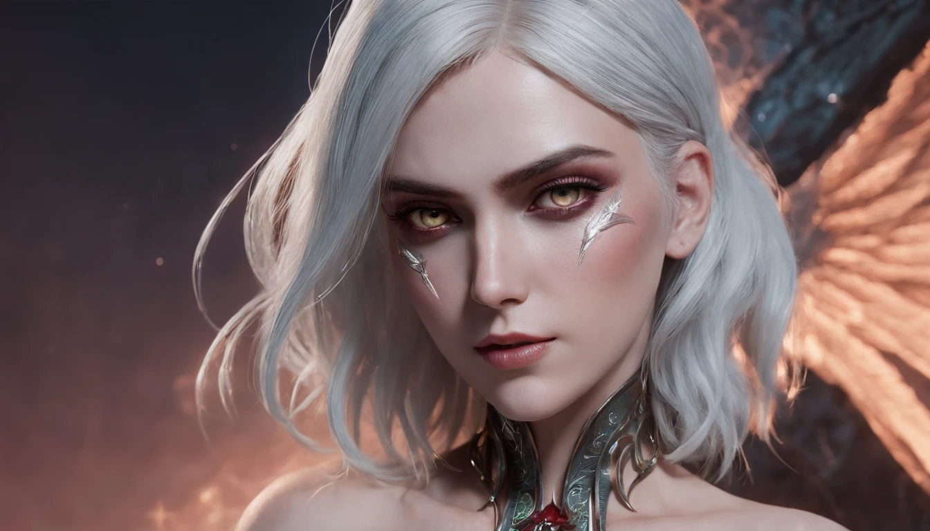 Cirilla Fiona Elen Riannon,Cosmic Fallen Angel, glowing light eyes, Delicate and beautiful face,Bigchest,Biomechanical, eerie, Dream-like, Very bright colors, Light particles, with light glowing, Lucifer, wallpaper art, UHD wallpaper