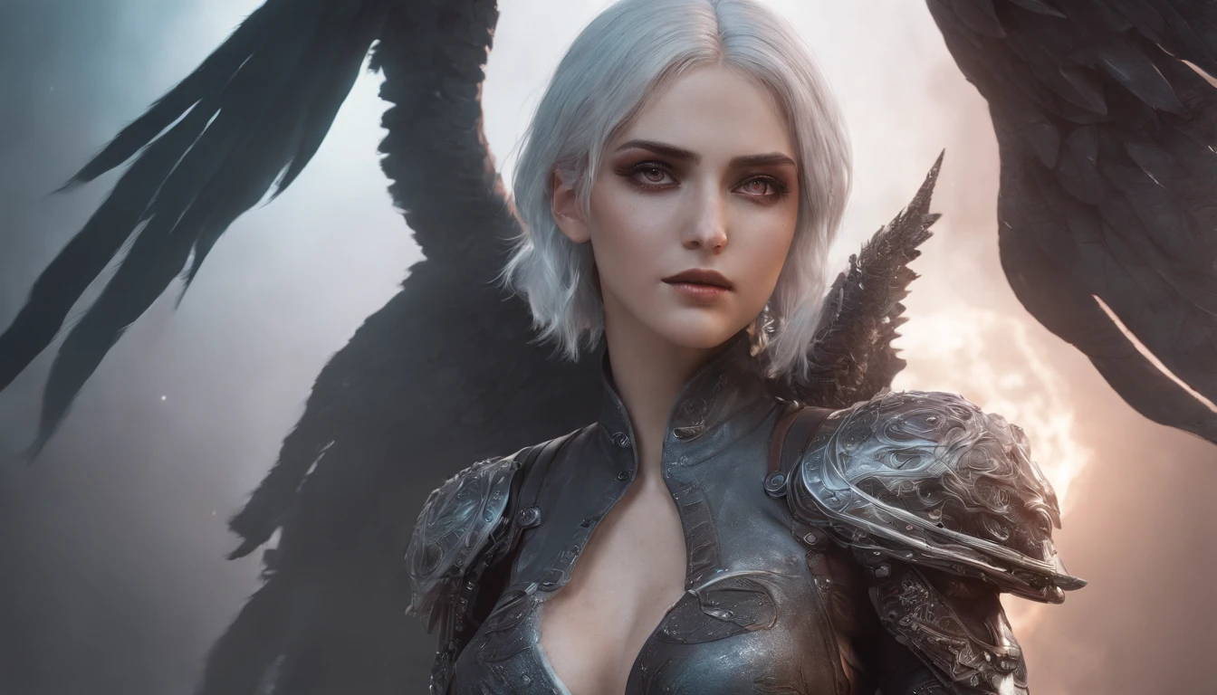 Cirilla Fiona Elen Riannon，Cosmic Fallen Angel, glowing light eyes, Delicate and beautiful face，Bigchest，Biomechanical, eerie, Dream-like, Very bright colors, Light particles, with light glowing, Lucifer, wallpaper art, UHD wallpaper
