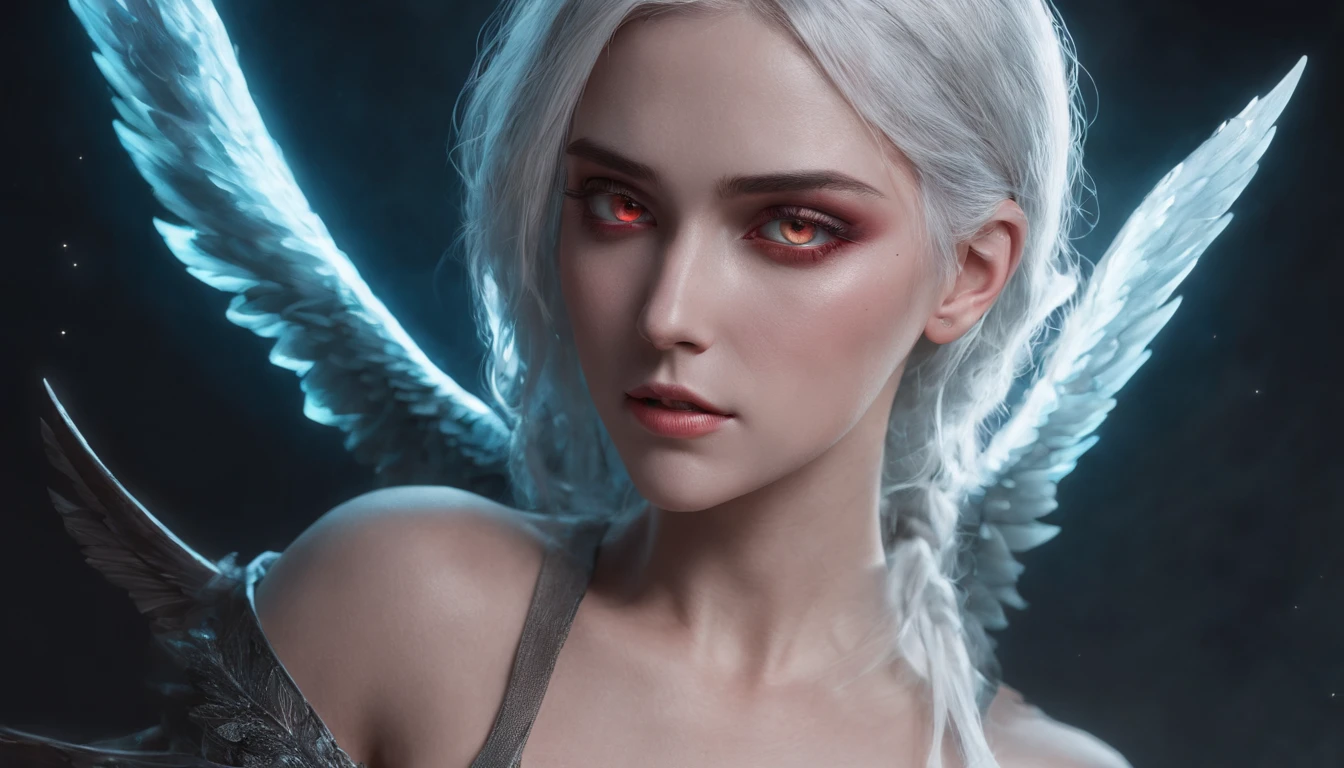 Cirilla Fiona Elen Riannon，Cosmic Fallen Angel, glowing light eyes, Delicate and beautiful face，Bigchest，Biomechanical, eerie, Dream-like, Very bright colors, Light particles, with light glowing, Lucifer, wallpaper art, UHD wallpaper