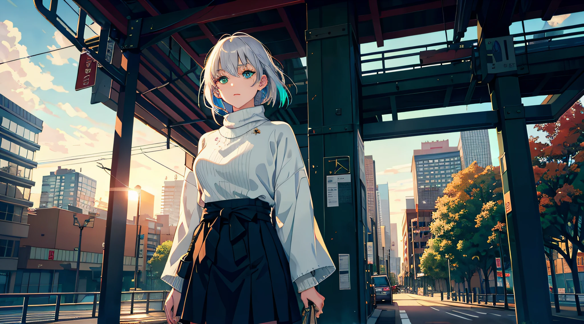 japan, highres, highest quallity, illustration, ultra detailed, (detailed face), (detailed eyes), soft lighting, best quality, hazy glow, dreamy atmosphere, hyper detailed, masterpiece, 1girl, solo, silver hair, green eyes, knitwear, luminous eyes, medium breasts, (colorful), cowboy shot, from below, outdoors, morning, clouds, tall buildings in background, industrial, public transportation, urban, concrete buildings, concrete, sidewalk, busy, trees, autumn, falling leaves,