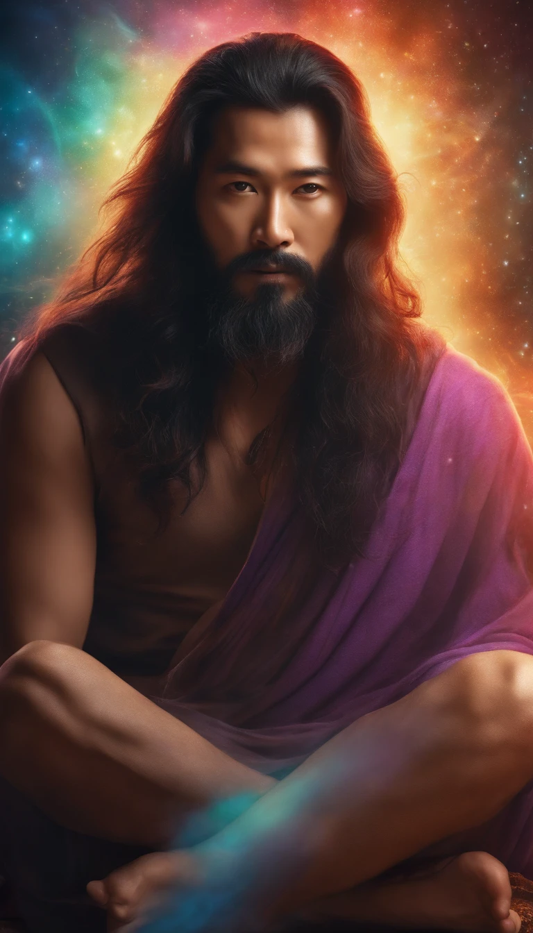 35-year-old middle-aged Asian man，Long hair，Long beard，staring right into camera，Meditate cross-legged, at centre，Clear facial features，Very bright colors, Light particles, with light glowing, Mshiv, wallpaper art, UHD wallpaper
