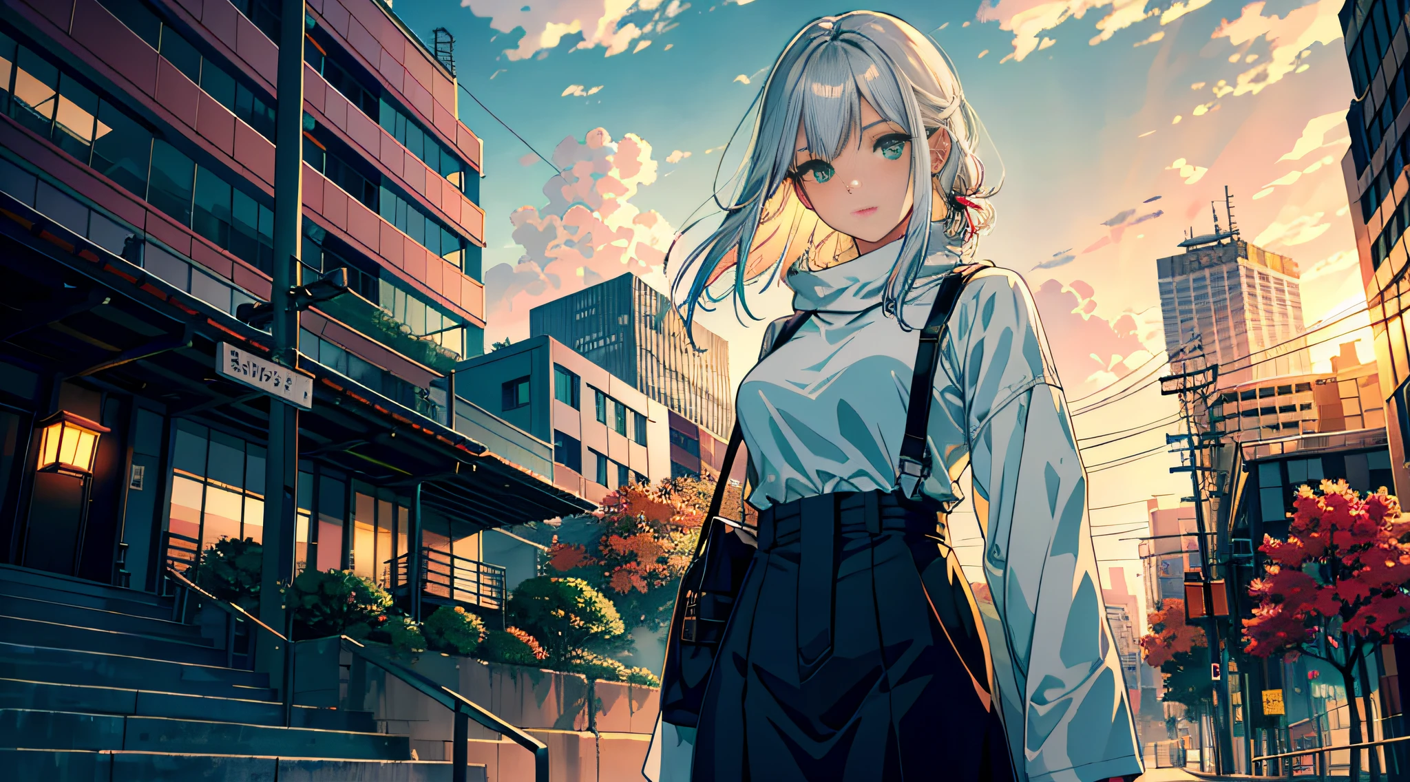 japan, highres, highest quallity, illustration,  ultra detailed, (detailed face), (detailed eyes), soft lighting, best quality, hazy glow, dreamy atmosphere, hyper detailed, masterpiece, 1girl, solo, silver hair, green eyes, knitwear, luminous eyes, medium breasts, (colorful), cowboy shot, from below, outdoors, morning, clouds, tall buildings in background, industrial, public transportation, urban, concrete buildings, concrete, sidewalk, busy, trees, autumn, falling leaves,