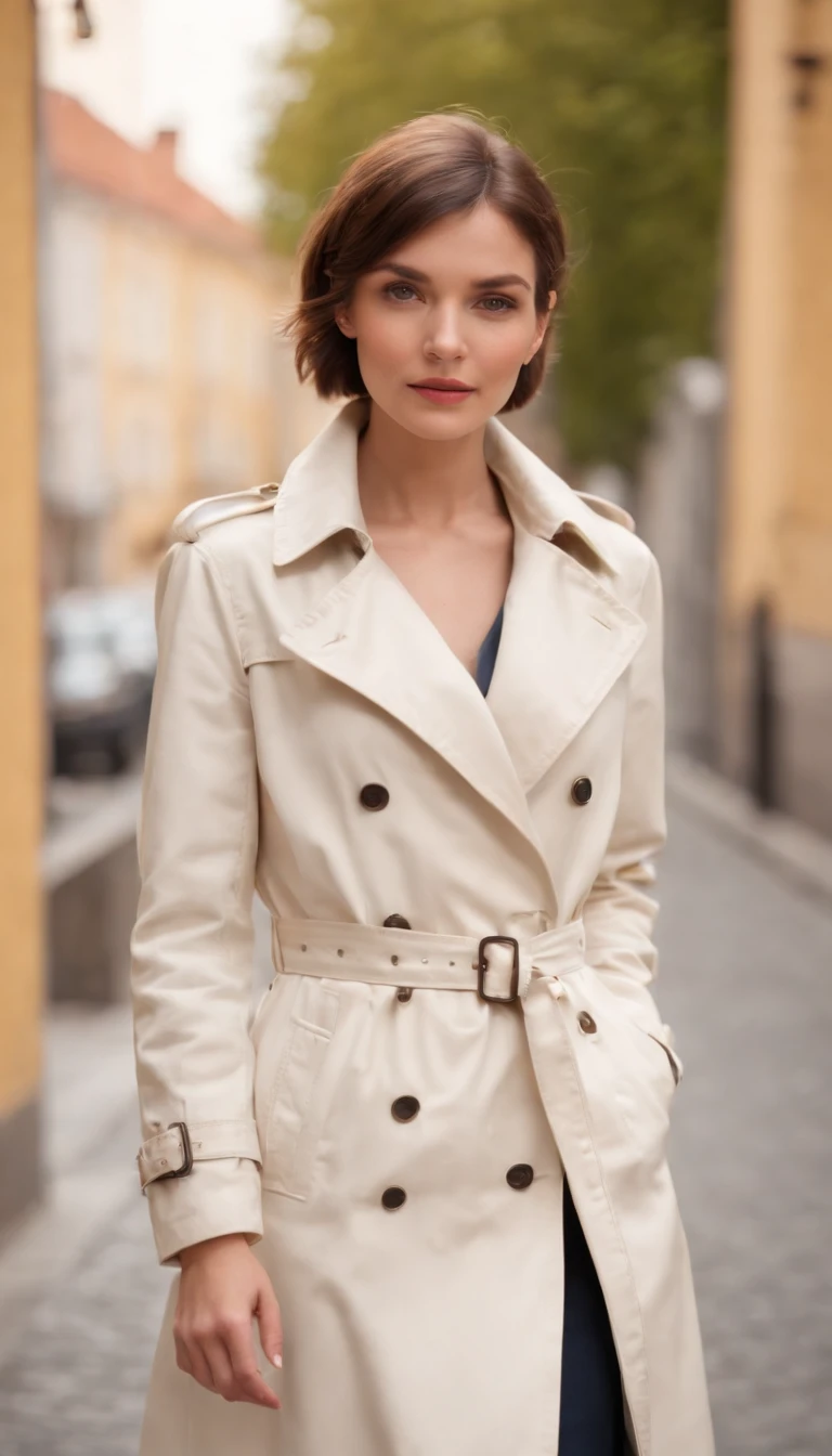 short-haired woman dressed in retro white trench coat, 80s style photo, standing on a street, bokeh style, sunny day, yellow building in the background, style of ultrafine detail, high quality photo,upper body