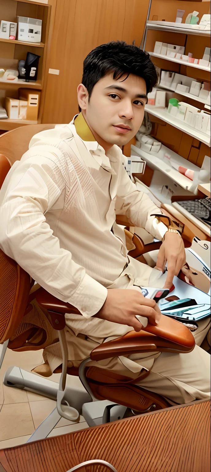 arafed man sitting in a chair in a pharmacy with a laptop, sitting in office, with accurate face, wearing in shirt, very very low quality picture, in office, candid picture, taken with the best dlsr camera, captured with sony a3 camera, with lovely look, sitting in chair, sitting on chair, with a cool pose