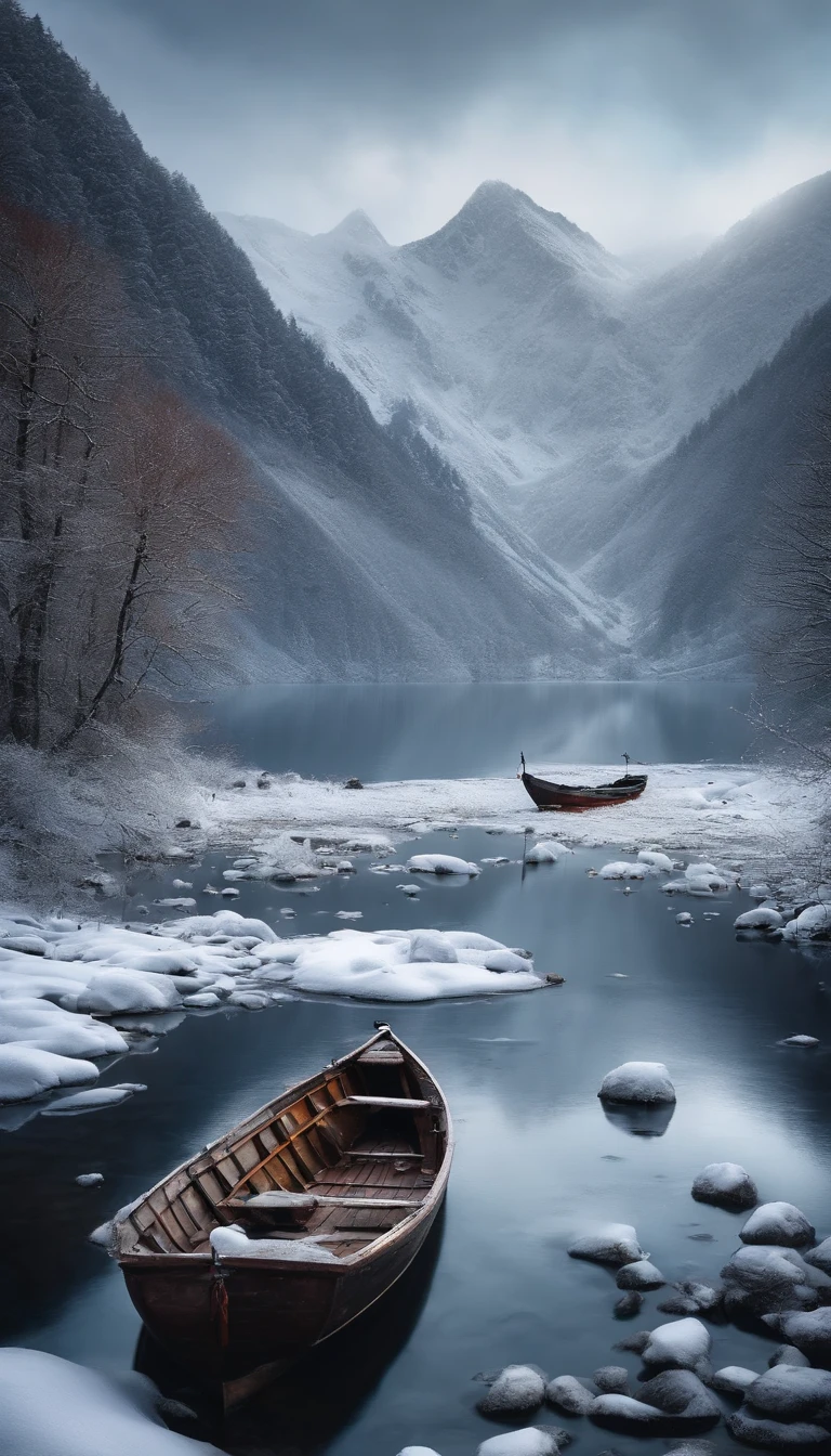 A thousand mountains and birds flew away, and thousands of people disappeared. Lonely boat, fishing alone in the cold river and snow.