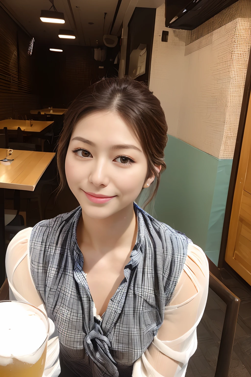 (masutepiece:1.3), High resolution, ultra-detailliert, the Extremely Detailed CG Unity 8K Wallpapers, Realistic, natural soft light、Photorealsitic, Raw photo, ((Have draft beer:1.3, One young girl in half:1.2))、((dynamic:1.5)), (((solo:2))), 9 、beautifull detailed face, pale skin, Cinematographic lighting、realistic glistening skin, Detailed Cloth Texture, detailed hair texture, medium breasts, Cute face, acurate, Anatomically correct, Highly detailed face and skin texture, Natural neck length, (Thin and beautiful hands), (Fair skin:1.2), Thin leg, Thin feet, , Detailed eyes, (Slit and large eyes:1.3)、symmetrical eye, Light brown eyes, Double eyelids, ((tthin eyebrows:1.2)), ((ultra-detailed face, detailed eyes, one eye closed))、(Glossy lips:1.4), (winking、Smiling kindly:1.2),, (Classy and cute:1.3), ,((Plaid Pattern Tie Neck Button Front Tweed Dress, Gold hoop earrings、a necklace:1.2)), ((side french braid hair arrange)), ((Yakitori restaurant)), (((Delicious-looking yakitori on the table)))、((cowboy shot:1.3)), (((shoot by side))), ((looking side at viewer:1.3))
