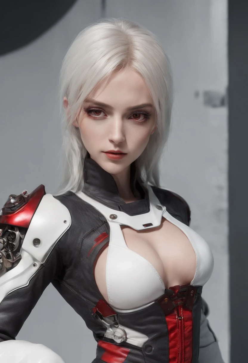 Cirilla Fiona Elen Riannon，Highest image quality，Outstanding details，超高分辨率，（Fidelity：1.4），The best illustration，Favor the details，closeup cleavage，A mech girl，He has a delicate and beautiful face，（（Red and white semi-mechanical body：1.8）），Raised sexy，cleavage，onbed，frontage，cyber punk perssonage，Futuristic，mechanically aesthetic，Complex machinery，The background is a high-tech lighting scene in the future city，Virtual Engine 5，Perfect detail rendering，rendering by octane，hyper HD