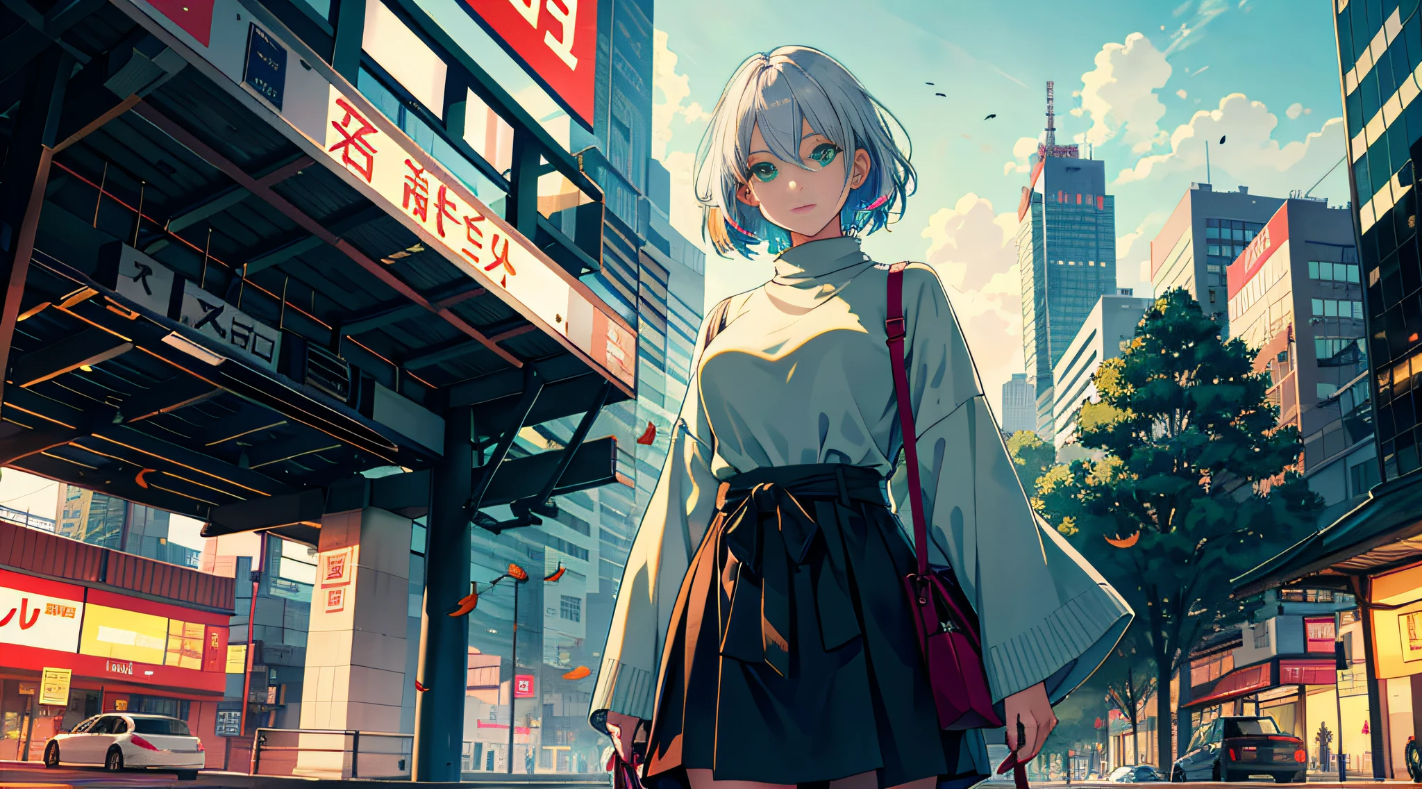 japan, highres, highest quallity, illustration, ultra detailed, (detailed face), (detailed eyes), soft lighting, best quality, hazy glow, dreamy atmosphere, hyper detailed, masterpiece, 1girl, solo, silver hair, green eyes, knitwear, luminous eyes, medium breasts, (colorful), cowboy shot, from below, outdoors, morning, clouds, tall buildings in background, industrial, public transportation, urban, concrete buildings, concrete, sidewalk, busy, trees, autumn, falling leaves,