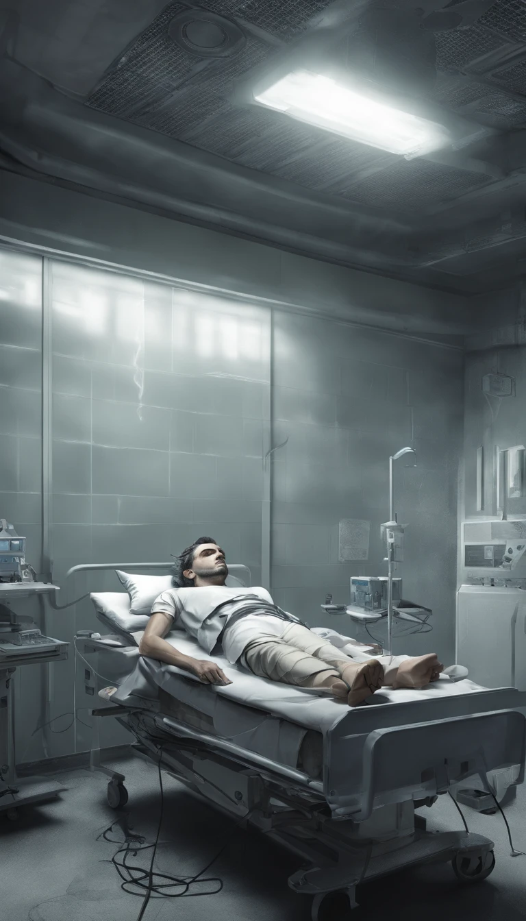 Man lying on the floor in an old room with a chair, fotografia tirada em 2 0 2 0, em um quarto de hospital deteriorado, resting after a hard fight, quarto de hospital abandonado, inside a decaying hospital room, dentro de um quarto de hospital deteriorado, inside a deteriorated operating room, Directed by: Joze Ciuha