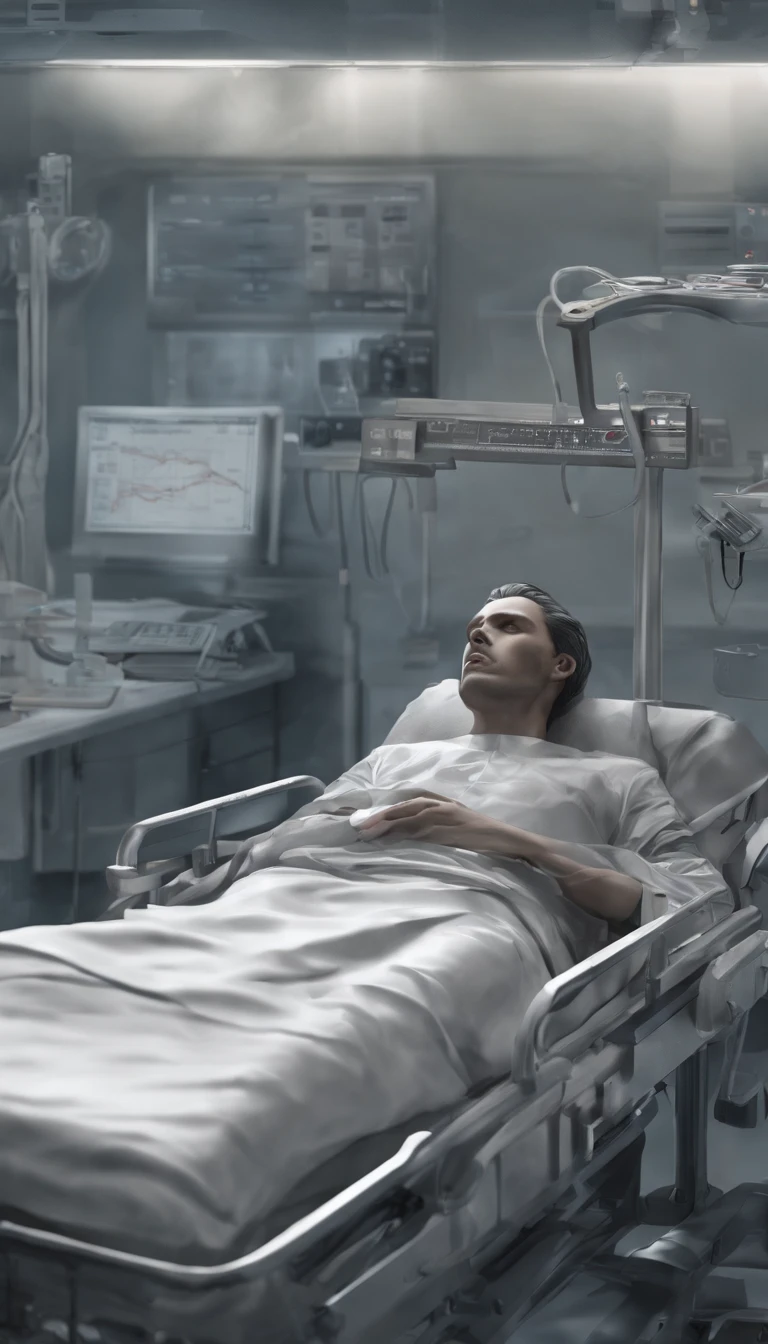 A scene of a man lying on a hospital bed。Completely realistic, , Full high resolution, Well made，detail-rich.