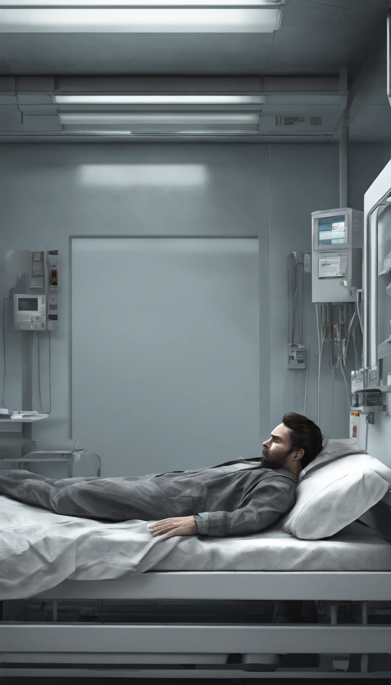 A scene of a man lying on a hospital bed。Completely realistic, , Full high resolution, Well made,detail-rich.