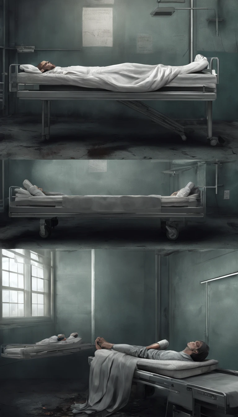 A scene of a man lying on a hospital bed。Completely realistic, , Full high resolution, Well made,detail-rich.