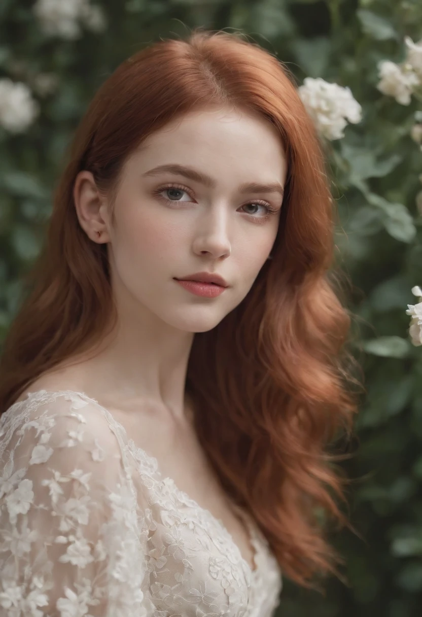 photoshoot of deborahWolf1, (redhair), (short frizzy hair),sweet,detailed skin texture, (blush:0.2), (goosebumps:0.3), (white floral dress), subsurface scattering, Photorealistic, Hyperrealistic, analog style,demure, detailed skin, matte skin, soft lighting, subsurface scattering, realistic, heavy shadow, masterpiece, best quality, ultra realistic, 8k, golden ratio, Intricate, High Detail, film photography, soft focus,upper body