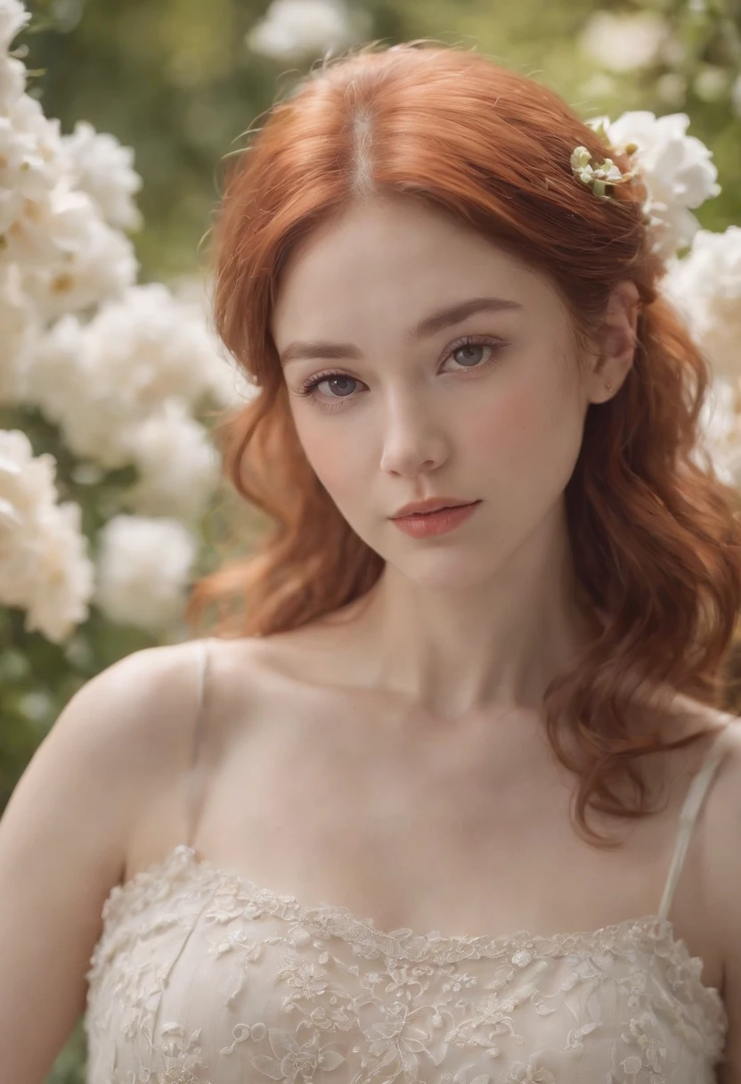 photoshoot of deborahWolf1, (redhair), (short frizzy hair),sweet,detailed skin texture, (blush:0.2), (goosebumps:0.3), (white floral dress), subsurface scattering, Photorealistic, Hyperrealistic, analog style,demure, detailed skin, matte skin, soft lighting, subsurface scattering, realistic, heavy shadow, masterpiece, best quality, ultra realistic, 8k, golden ratio, Intricate, High Detail, film photography, soft focus,upper body