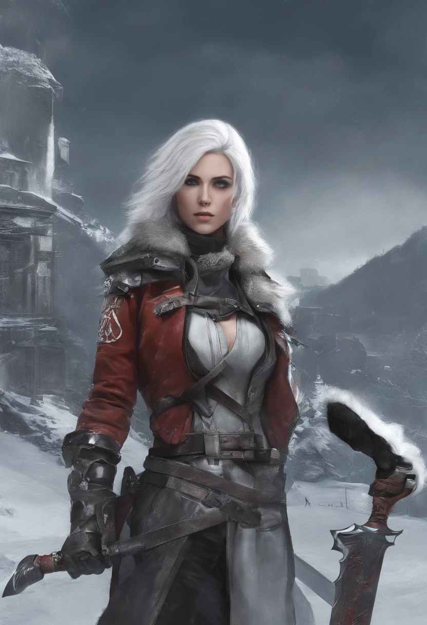 Cirilla Fiona Elen Riannon，Highest image quality，Outstanding details，超高分辨率，（Fidelity：1.4）, Favor the details，closeup cleavage，dawn，Snow，winter，Wizard Sword，He has a delicate and beautiful face，Red Japanese oni armor，Raised sexy，frontage，cyber punk perssonage，Futuristic，mechanically aesthetic，Virtual Engine 5，Perfect detail rendering，rendering by octane，hyper HD