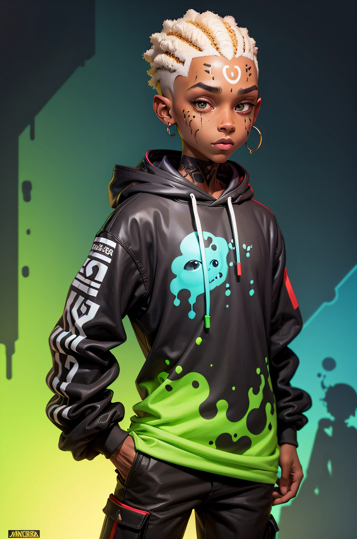 pixarstyle Monster Boy, Caramel Brown skin Black boy moor, Bald Hairstyle, Streetwear, Full Slime Body, colors neon, risa loca, malvada