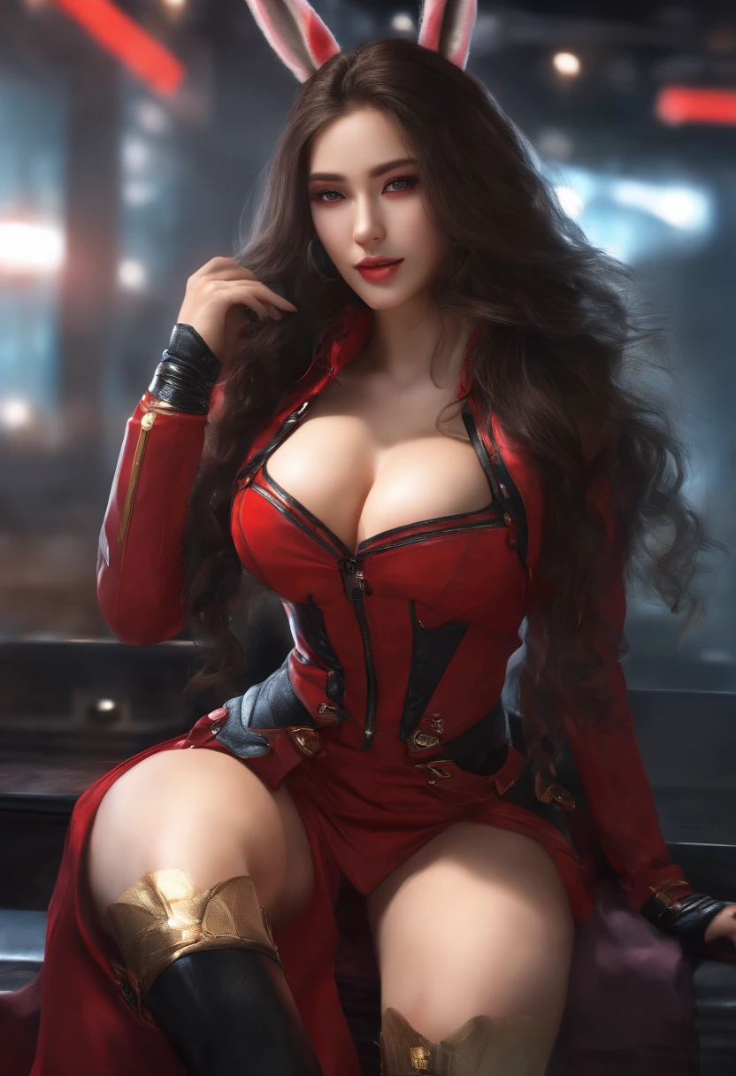 1 fantastic girl, black and red skirt, short clothes, breasts, cleavage, golden eyes, ray tracing, very long hair, masterpiece, hair between eyes, blush, NSFW, sexy, dynamic poses, wet, bunny ears, bunny tail, highly detailed, cyberpunk suit, photorealistic, crazy smile