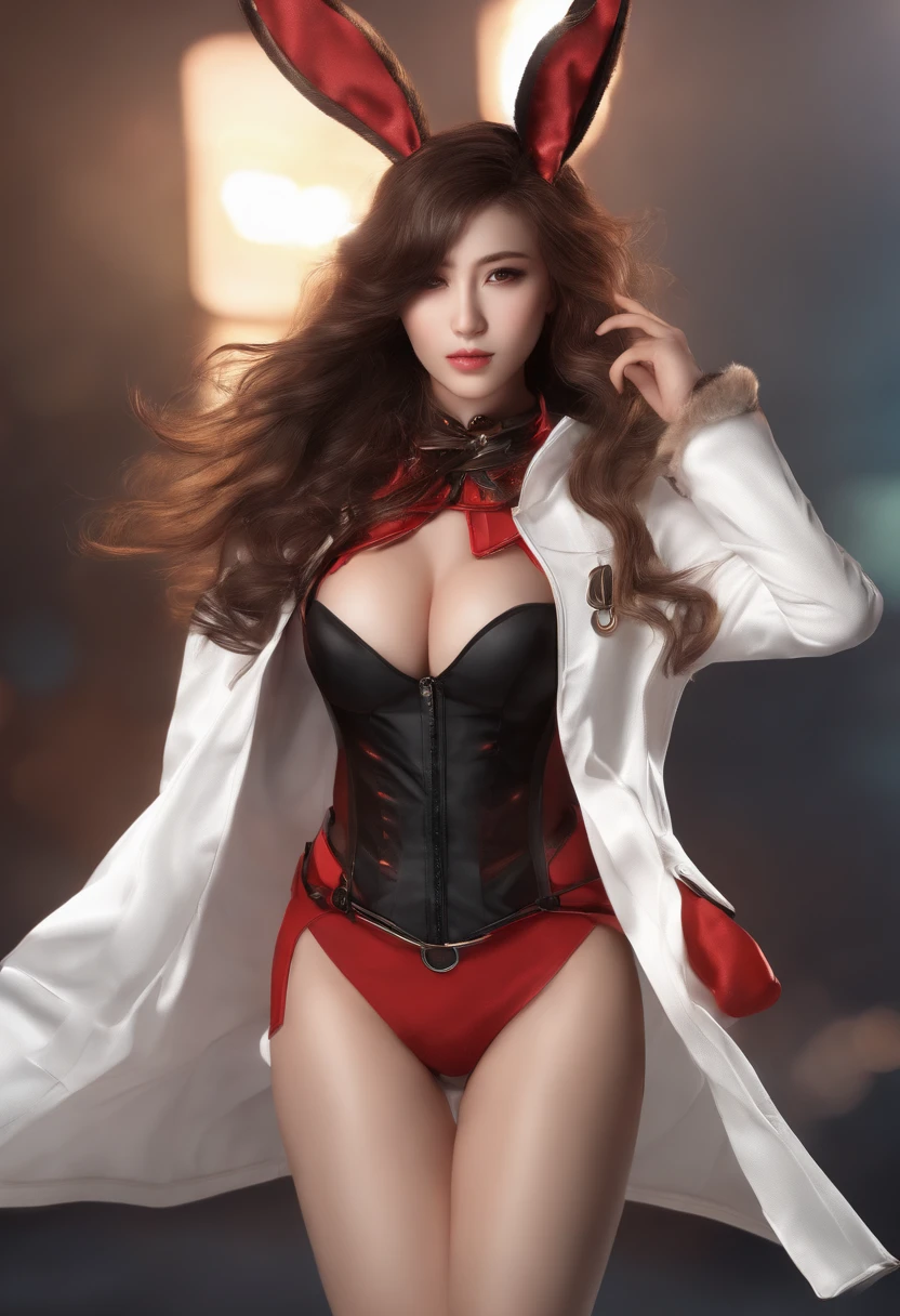 1 fantastic girl, black and red skirt, short clothes, breasts, cleavage, golden eyes, ray tracing, very long hair, masterpiece, hair between eyes, blush, NSFW, sexy, dynamic poses, wet, bunny ears, bunny tail, highly detailed, cyberpunk suit, photorealistic, crazy smile