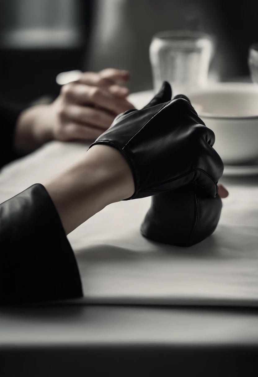 The mysterious hand of a woman wearing black leather gloves on her hand, long sleeves of a white blouse, eating alone, close-up only her hands, only the hands of black leather gloves on the screen
