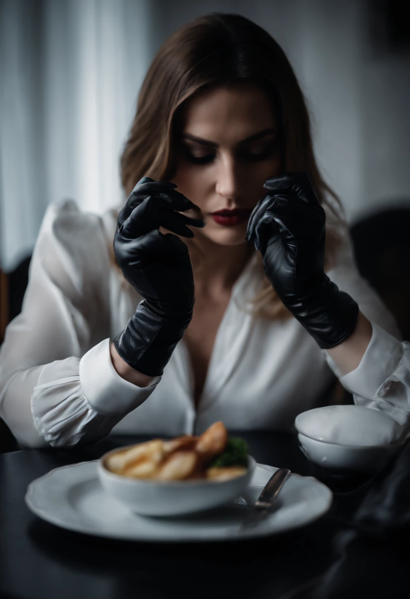 The mysterious hand of a woman wearing black leather gloves on her hand, long sleeves of a white blouse, eating alone, close-up only her hands, only the hands of black leather gloves on the screen