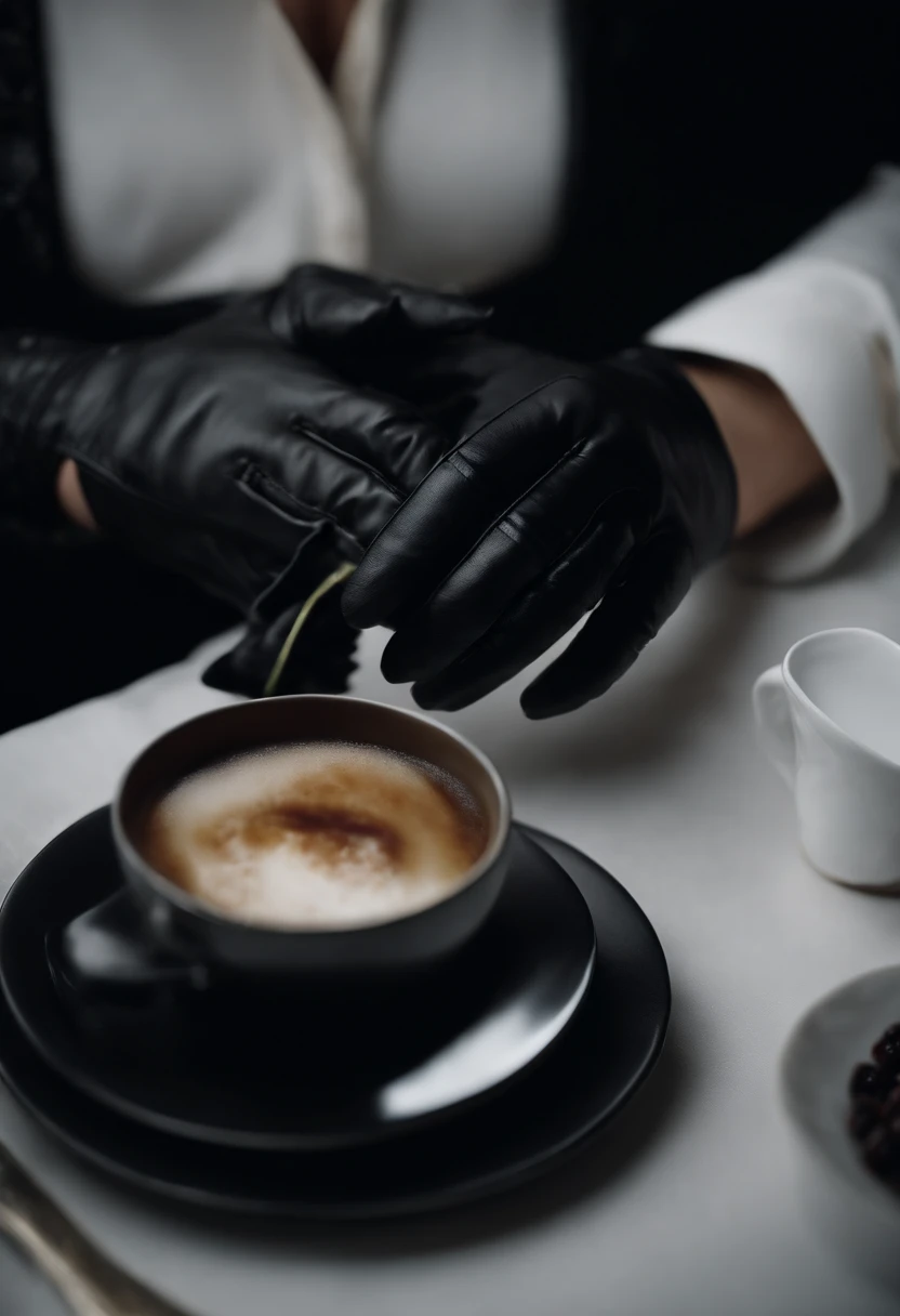 Black gloved hands of a man in black standing near a shadow pouring powder into a cocktail glass