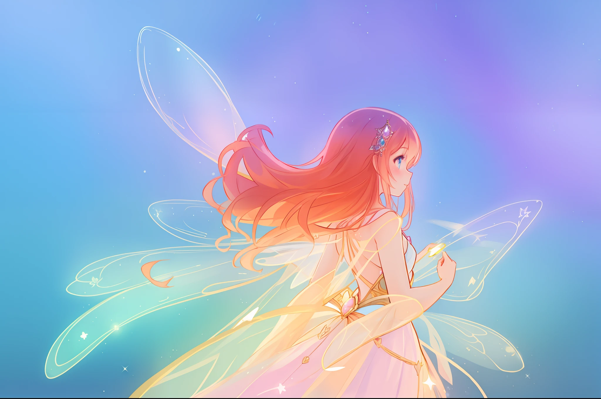 beautiful girl in sparkling glowing dress, glowing fairy wings, inspired by Glen Keane, inspired by Lois van Baarle, disney art style, by Lois van Baarle, glowing aura around her, by Glen Keane, jen bartel, glowing lights! digital painting, flowing glowing hair, glowing flowing hair, beautiful digital illustration, fantasia background, whimsical, magical, fantasy, beautiful face, masterpiece, best quality