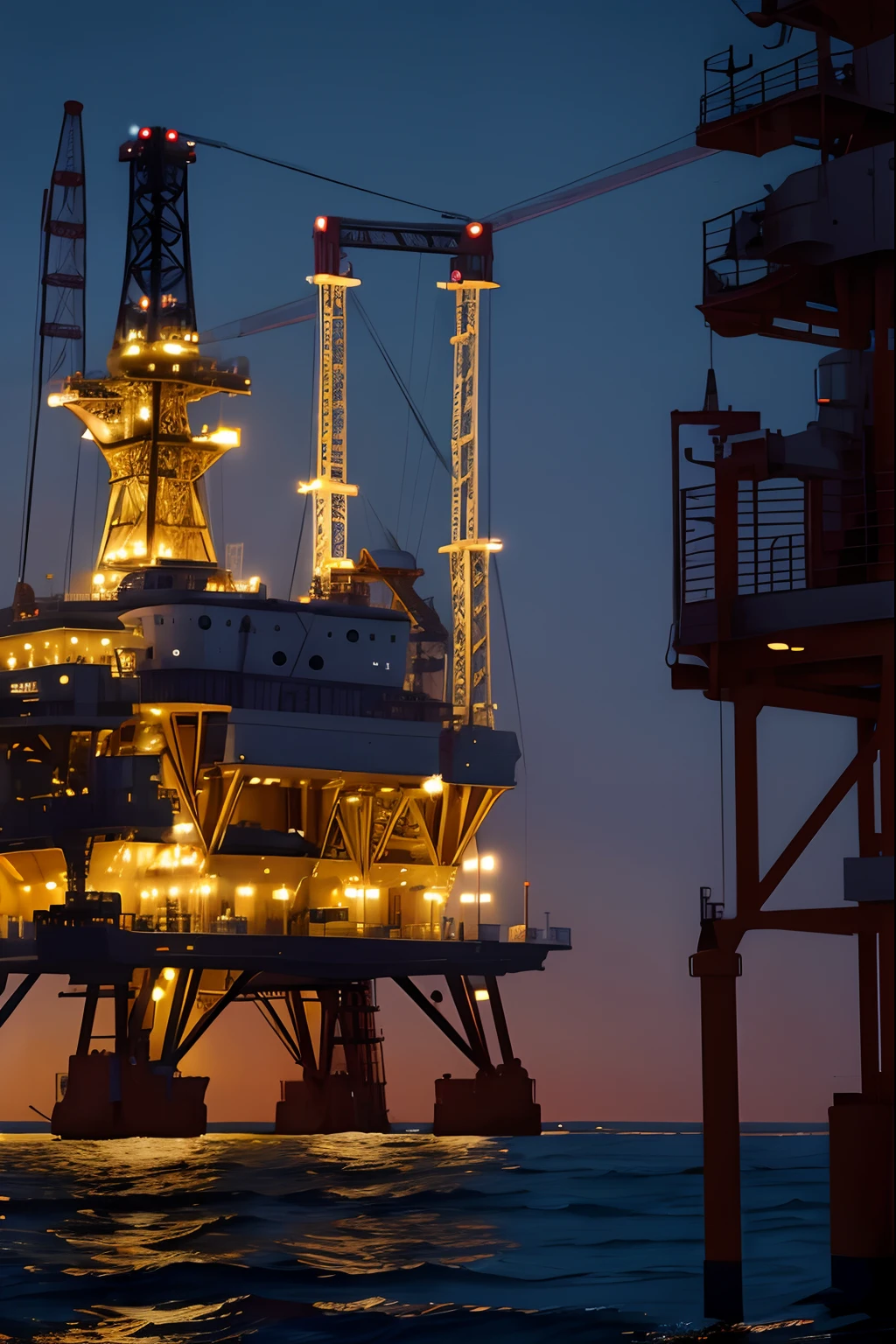 Drilling platforms，the night，oil rig，handpainted，detail-rich，dream magical，Exquisite illustrations