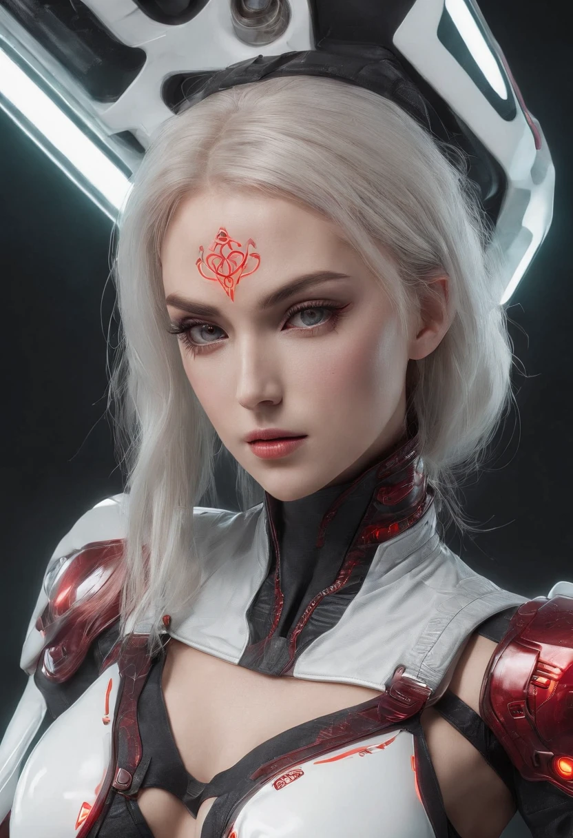 Cirilla Fiona Elen Riannon，Highest image quality，Outstanding details，超高分辨率，（Fidelity：1.4），The best illustration，Favor the details，closeup cleavage，A mech girl，He has a delicate and beautiful face，（（Red and white semi-mechanical body：1.8）），Raised sexy，cleavage，onbed，frontage，cyber punk perssonage，Futuristic，mechanically aesthetic，Complex machinery，The background is a high-tech lighting scene in the future city，Virtual Engine 5，Perfect detail rendering，rendering by octane，hyper HD
