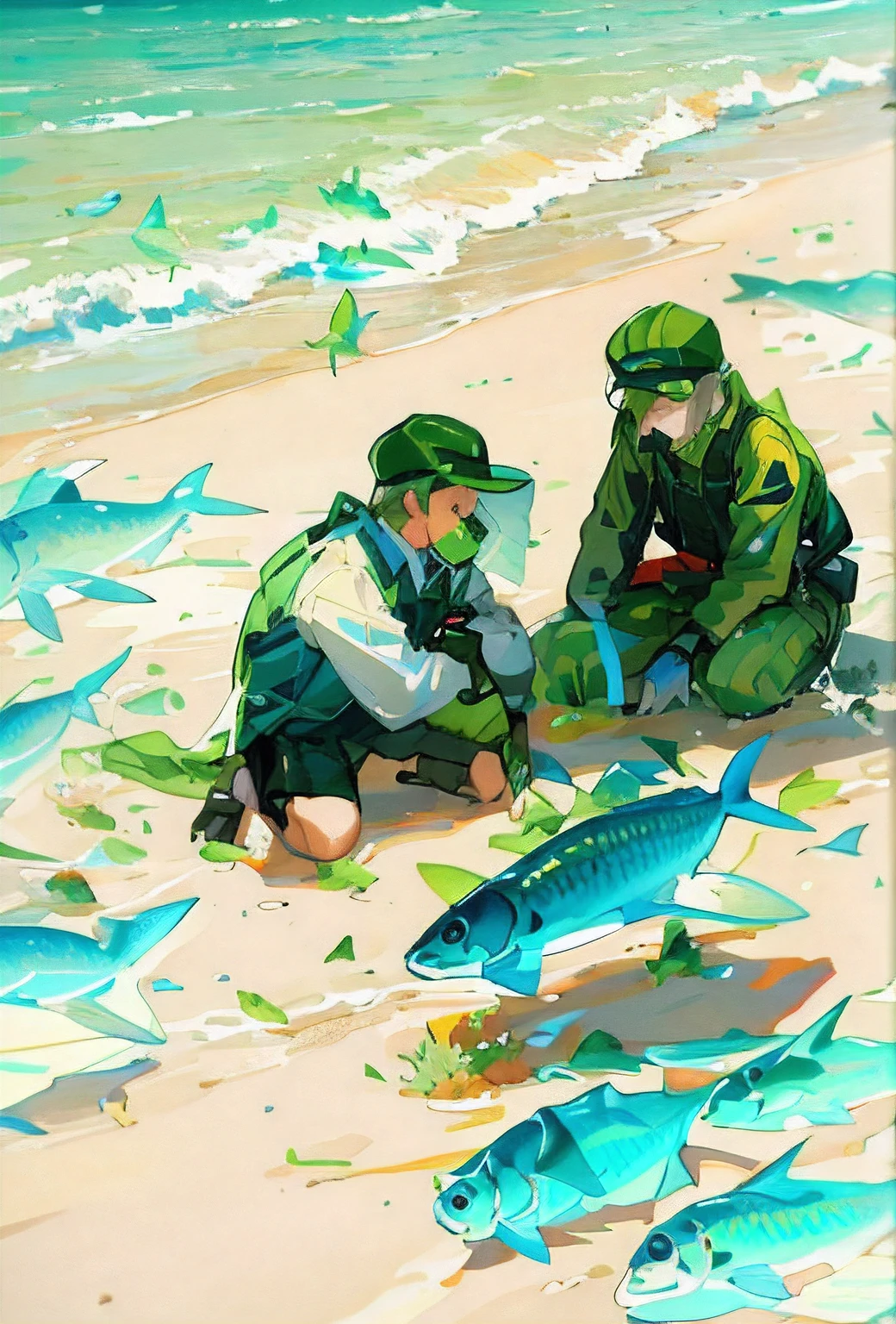 There are two people in green uniforms and fish on the beach, krenz cushart and asher duran, krenz cushart and artem demura, author:New Art, alexey egorov, krenz cushart and wenjun lin, author:Ivan Generalić, cushart kenz, cushart, full-colour illustration