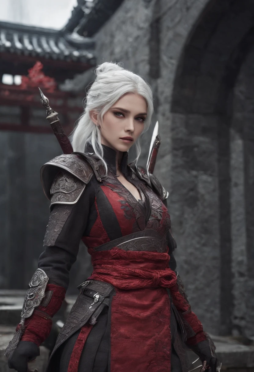 Cirilla Fiona Elen Riannon,Highest image quality,Outstanding details,超高分辨率,(Fidelity:1.4), Favor the details,closeup cleavage,dawn,Snow,winter,Wizard Sword,He has a delicate and beautiful face,Red Japanese oni armor,Raised sexy,frontage,cyber punk perssonage,Futuristic,mechanically aesthetic,Virtual Engine 5,Perfect detail rendering,rendering by octane,hyper HD