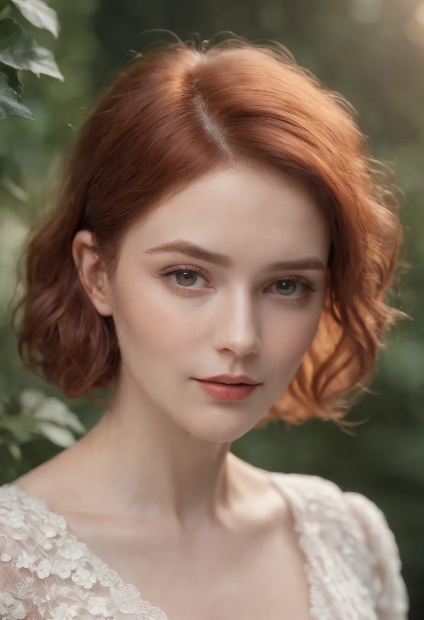 photoshoot of deborahWolf1, (redhair), (short frizzy hair cut),sweet,detailed skin texture, (blush:0.2), (goosebumps:0.3), (white floral dress), subsurface scattering, Photorealistic, Hyperrealistic, analog style,demure, detailed skin, matte skin, soft lighting, subsurface scattering, realistic, heavy shadow, masterpiece, best quality, ultra realistic, 8k, golden ratio, Intricate, High Detail, film photography, soft focus,upper body