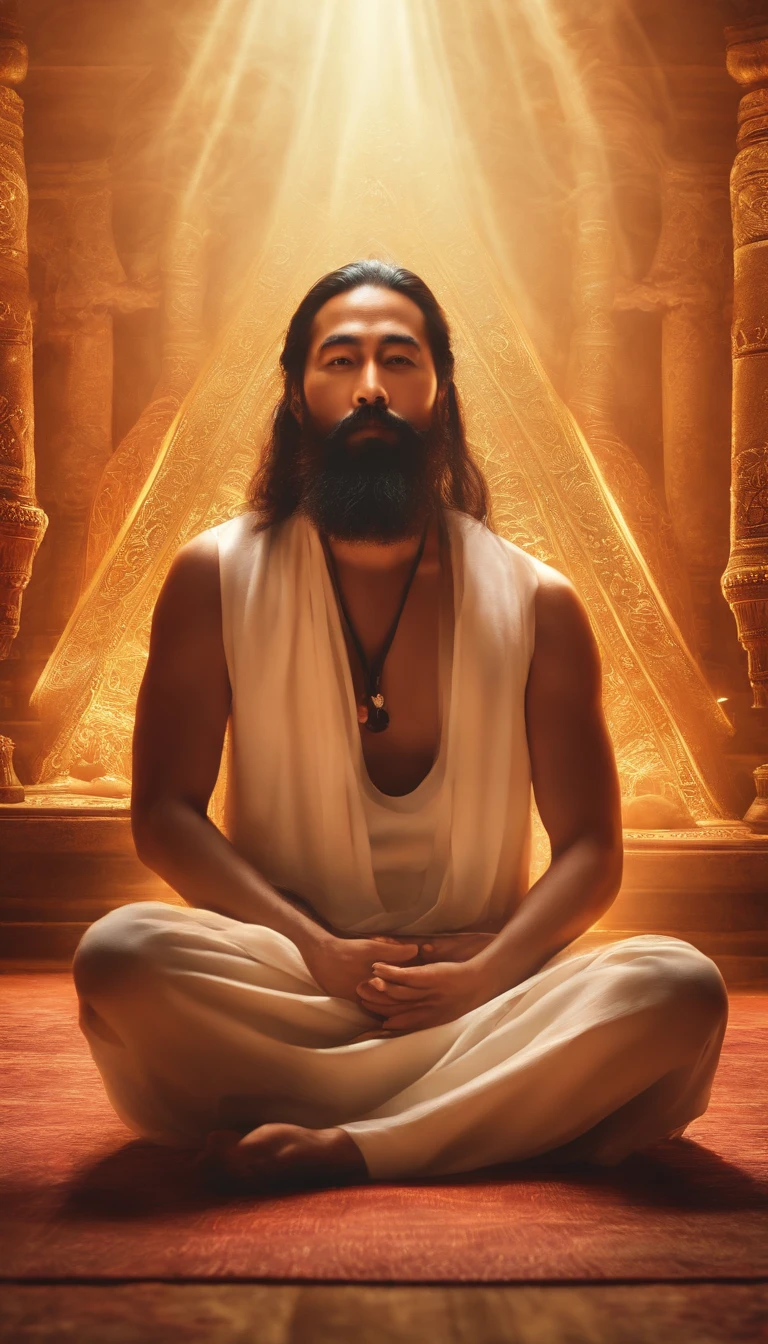 35-year-old middle-aged Asian man,Long hair,Long beard,staring right into camera,Meditate cross-legged, at centre,Clear facial features,Very bright colors, Light particles, with light glowing,, wallpaper art, UHD wallpaper