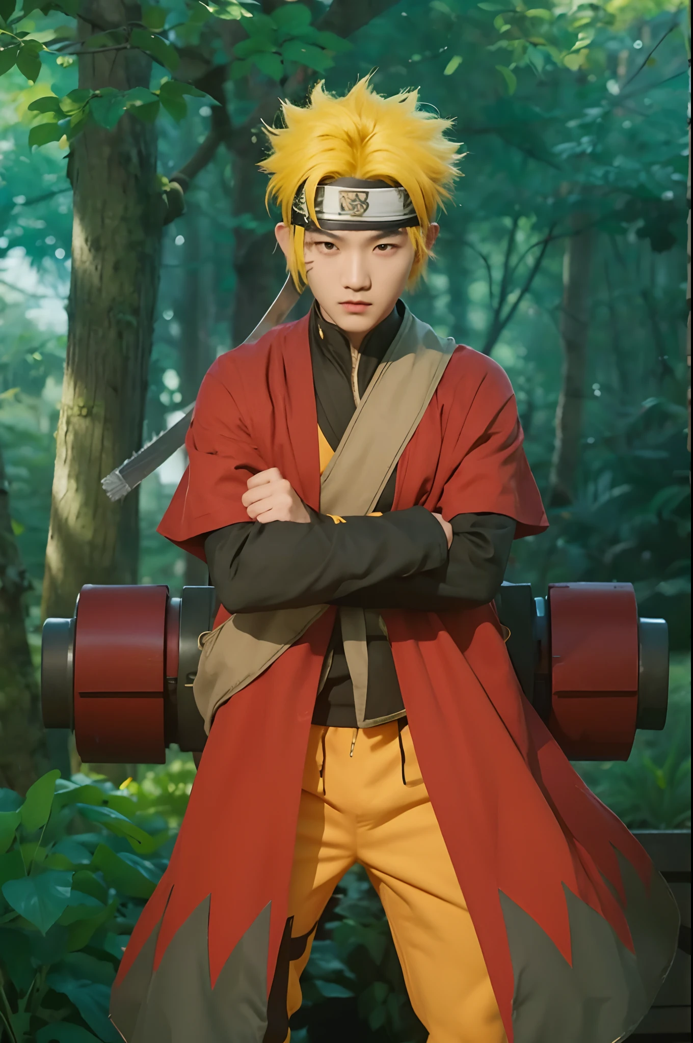 Real life adaption of this character, korean handsome face,realistic outfit ,detailed eyes,realistic yellow spiky hair,wear ninja headband and the iron plate on the middle headband,realistic background,hyper realistic,realism,realistic light, realistic shadow,(photorealistic:1.2), looking to viewer,muscular body,there is a big scroll ninja behind him
