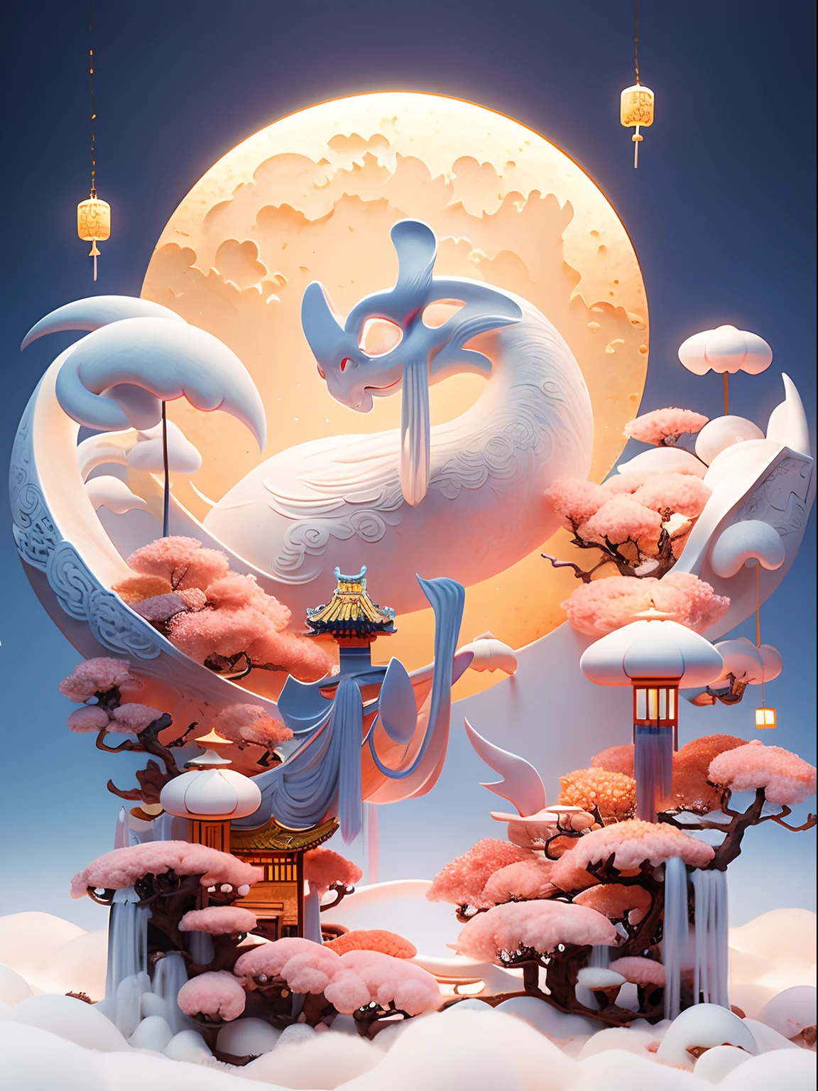 no human, full moon，osmanthus，Chang'e，white Rabbit，lanterns，palaces，Cloud, Chinese style, masterpiece,ultra exquisite,stereoscopic,super rich,ultra detailed,32k