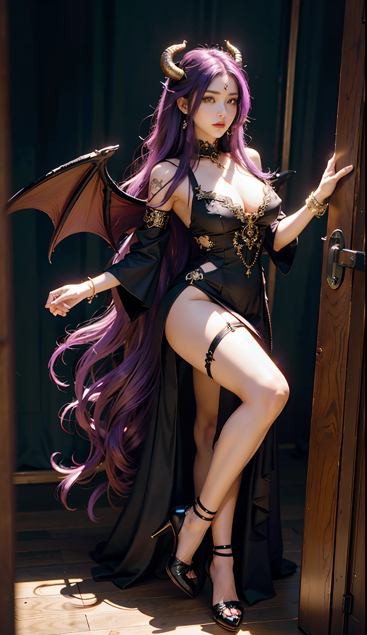 (Dark night,Bedrooms:1. a mature female,Purple-black hair,A pair of dragon horns,A pair of huge dragon wings,standing on your feet,One word step,Flirtatious), tmasterpiece, best qualtiy, RAW photogr, realisticlying, Incredibly Ridiculous res,, ear studs, (Long flowing purple hair),eye shadows,Bracelet,head chain,(A wide variety of intricate jewelry),eardrop,foot ring,Black ta dress long dress,(Black suspender stockings++),high-heels,Jade foot,depth of fields, A high resolution, ultra - detailed, filigree, RAWE is very detailed, very detailed eyes and faces, Sharp pupils, realistic pupil, tack sharp focus, cinmatic lighting,full bodyesbian,Bigboobs,long leges,From the front side,banquet,dynamicposes,Normal posture,closeup of face